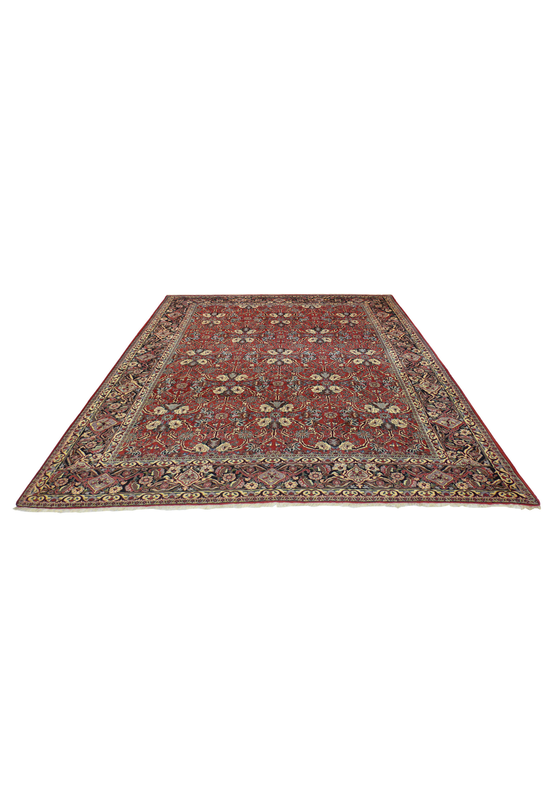 Laid down Bijar iron rug with deep red base, repeating ivory floral lattice, navy scrollwork, and decorative border