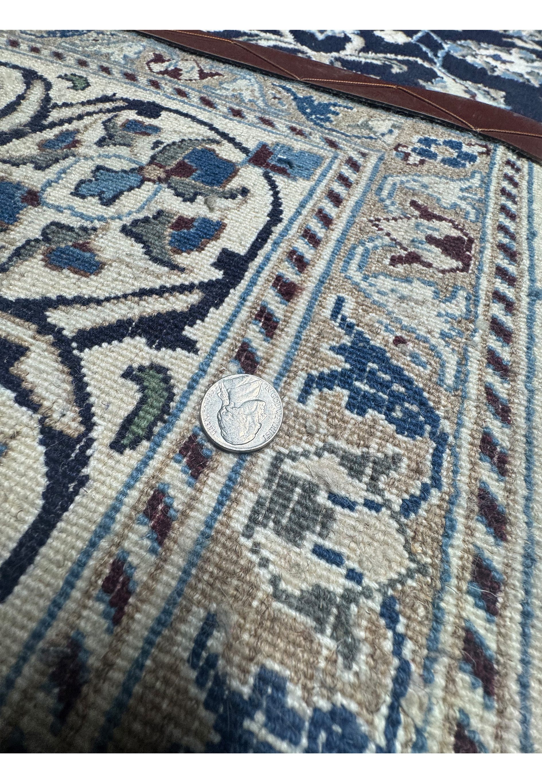 Measured backside of square Persian Nain rug confirming hand knotted construction, fine density, and accurate dimensions