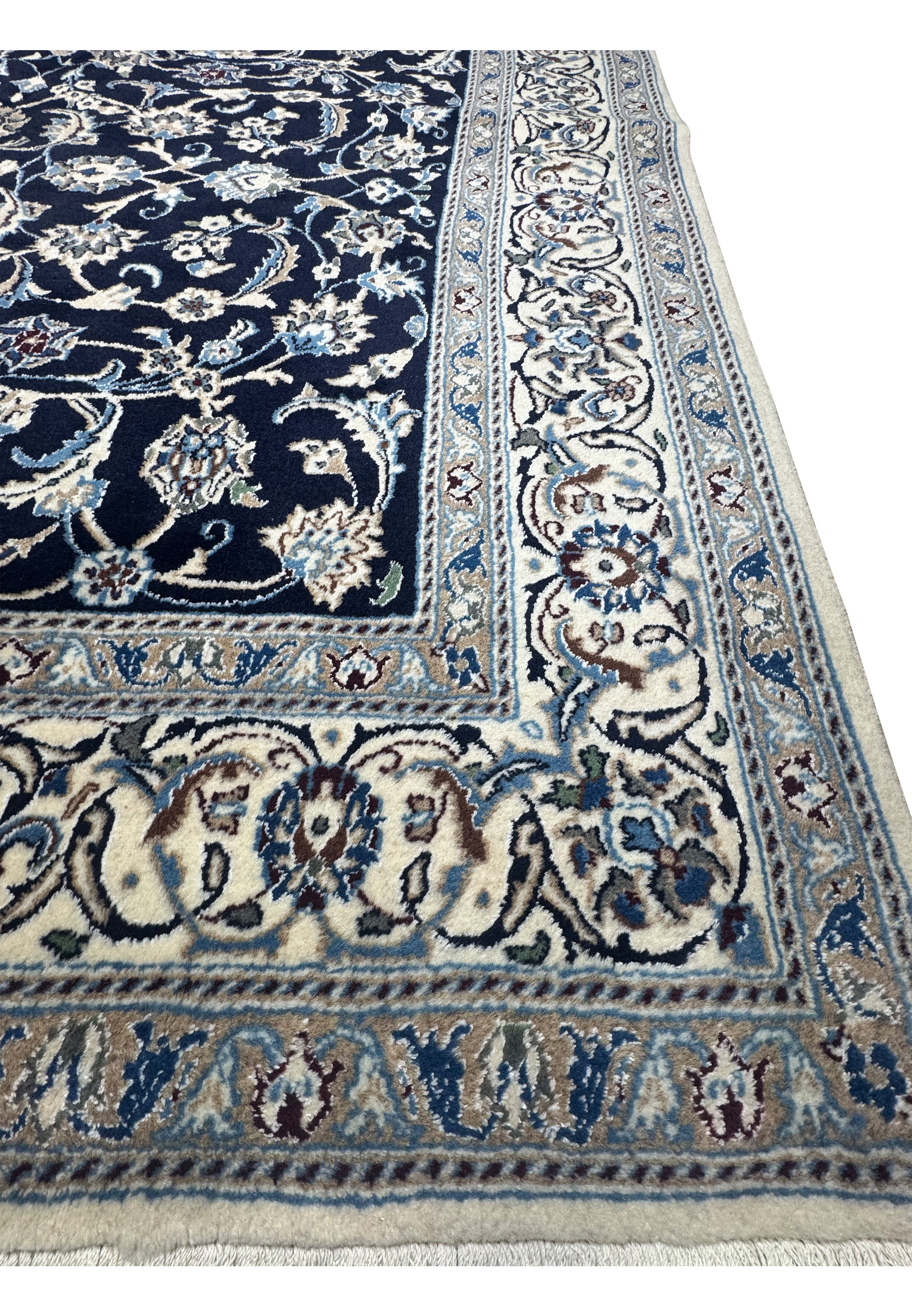 Main border of square Persian Nain rug with repeating floral medallions, vine scrolls, and finely balanced color palette