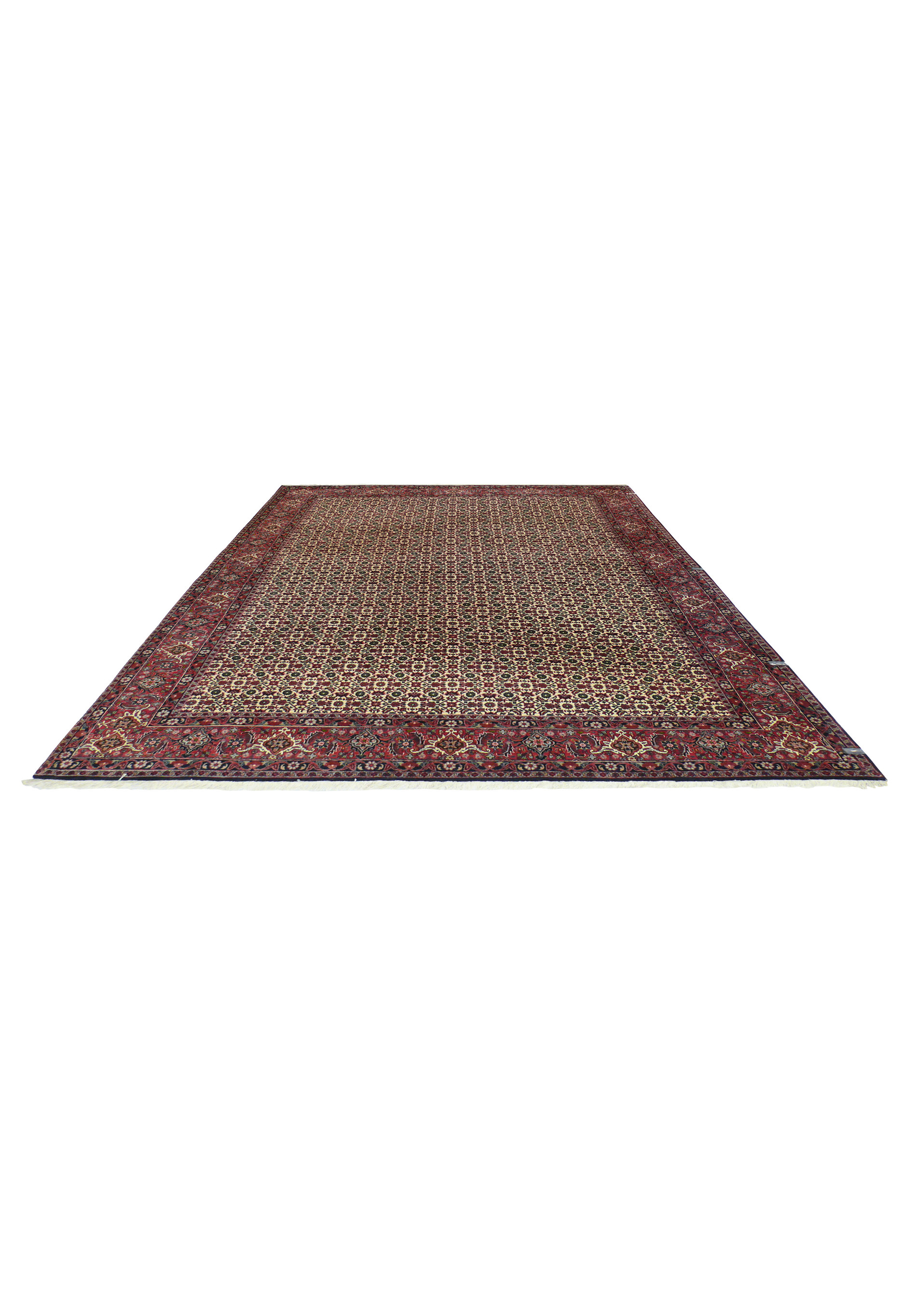 Laid-down angle of 7x9'8 allover Bijar rug with intricate cream, navy, green, and burgundy floral lattice