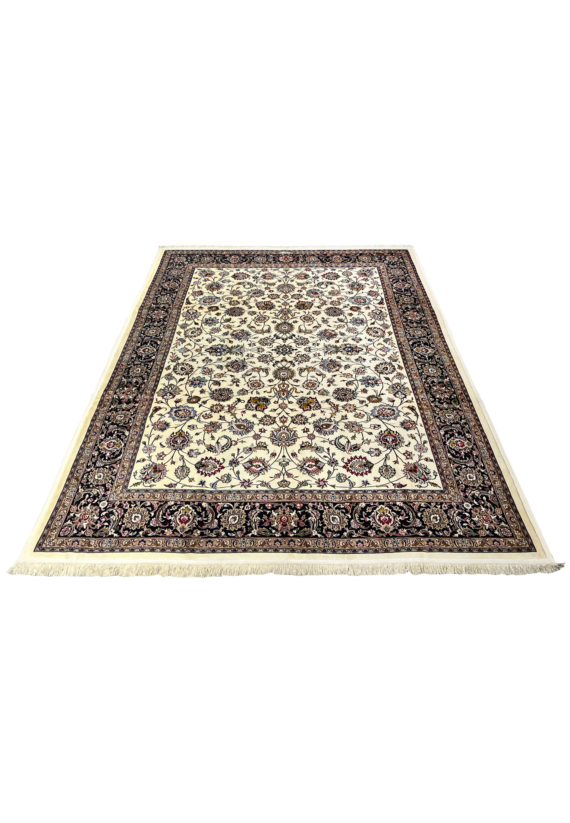Top view of signed Persian Mashad Saber rug highlighting balanced allover floral pattern