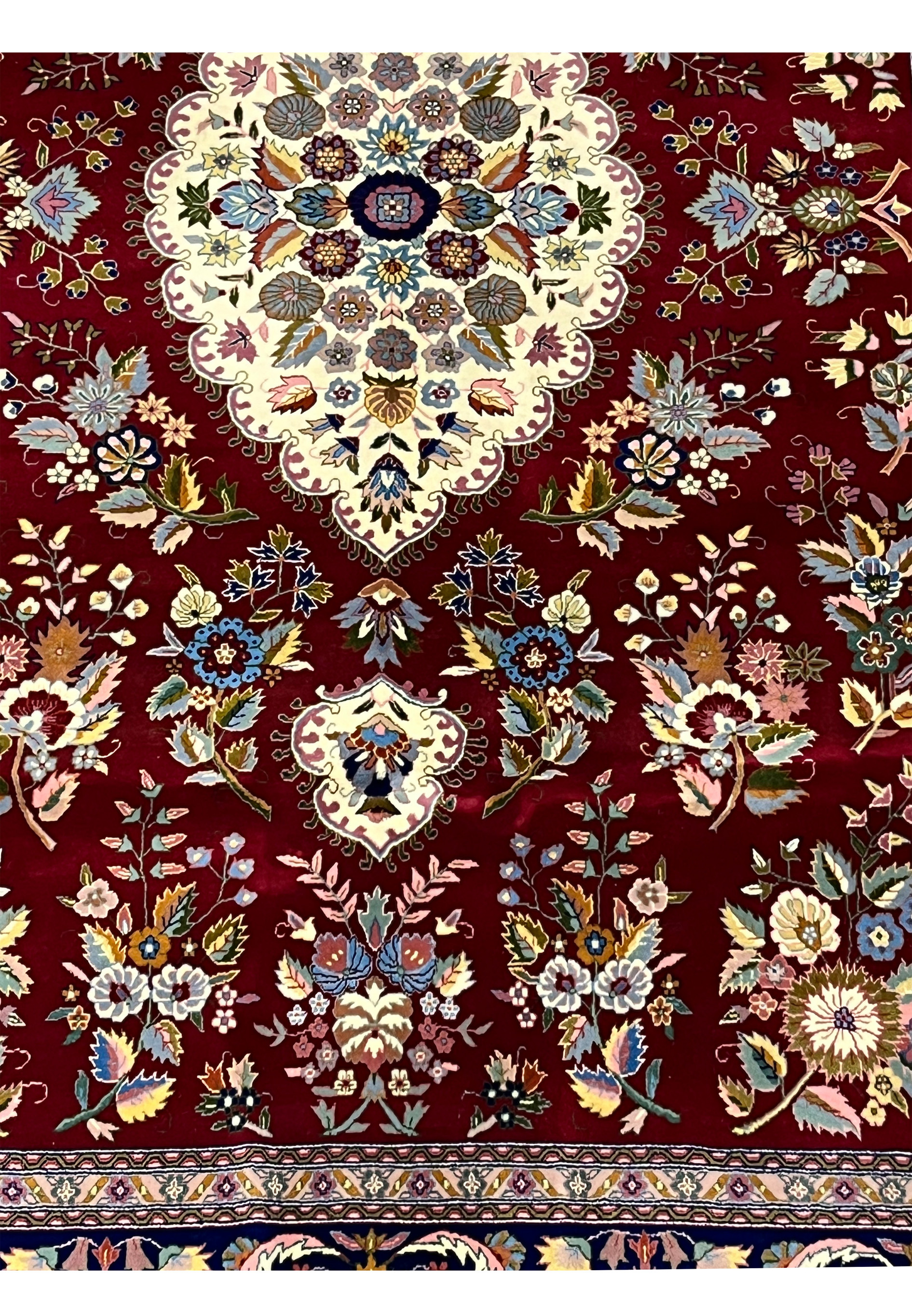 Detailed pattern close-up of Persian Isfahan rug with silk highlights and fine knot structure