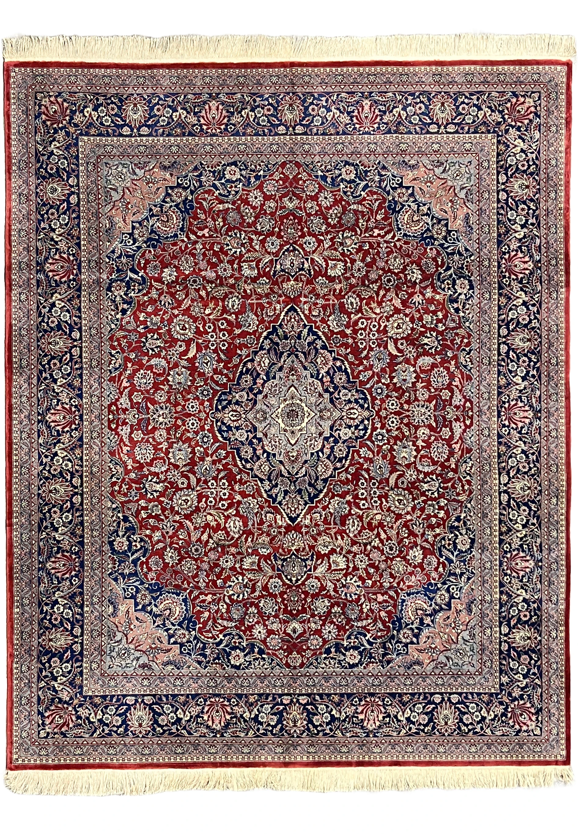 8'2 x 10 antique Persian Kashan rug full view with red field and navy medallion