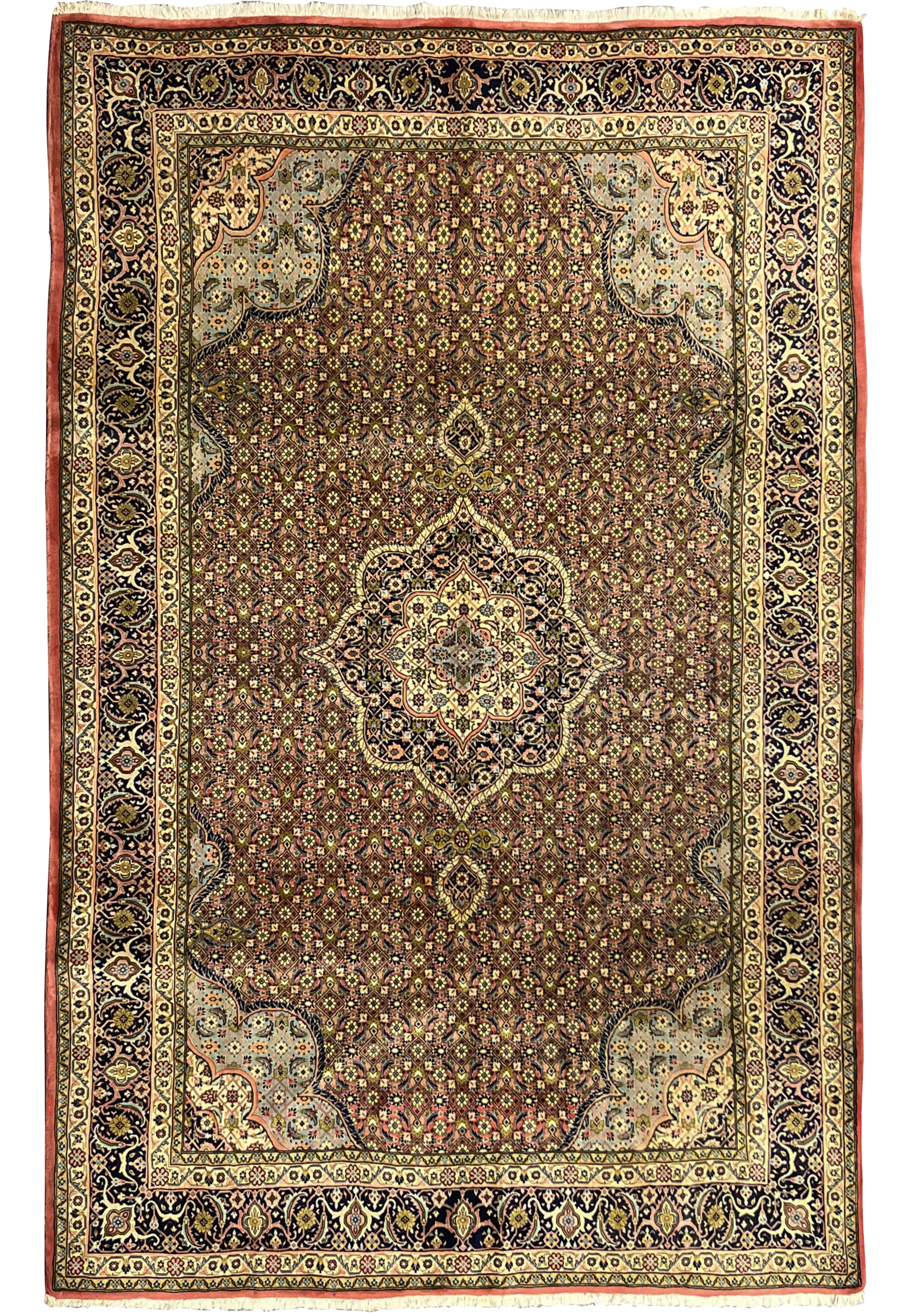 Full view of rare Persian Bijar iron rug with red field, dense lattice pattern, and navy floral border
