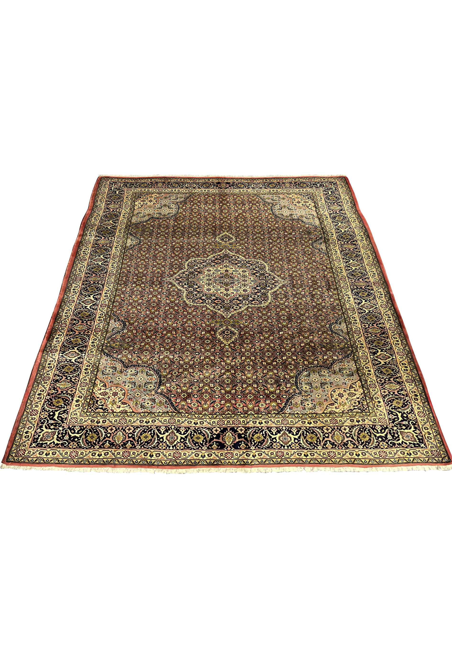 Top view of Persian Bijar iron rug showing balanced allover design and heavy wool construction