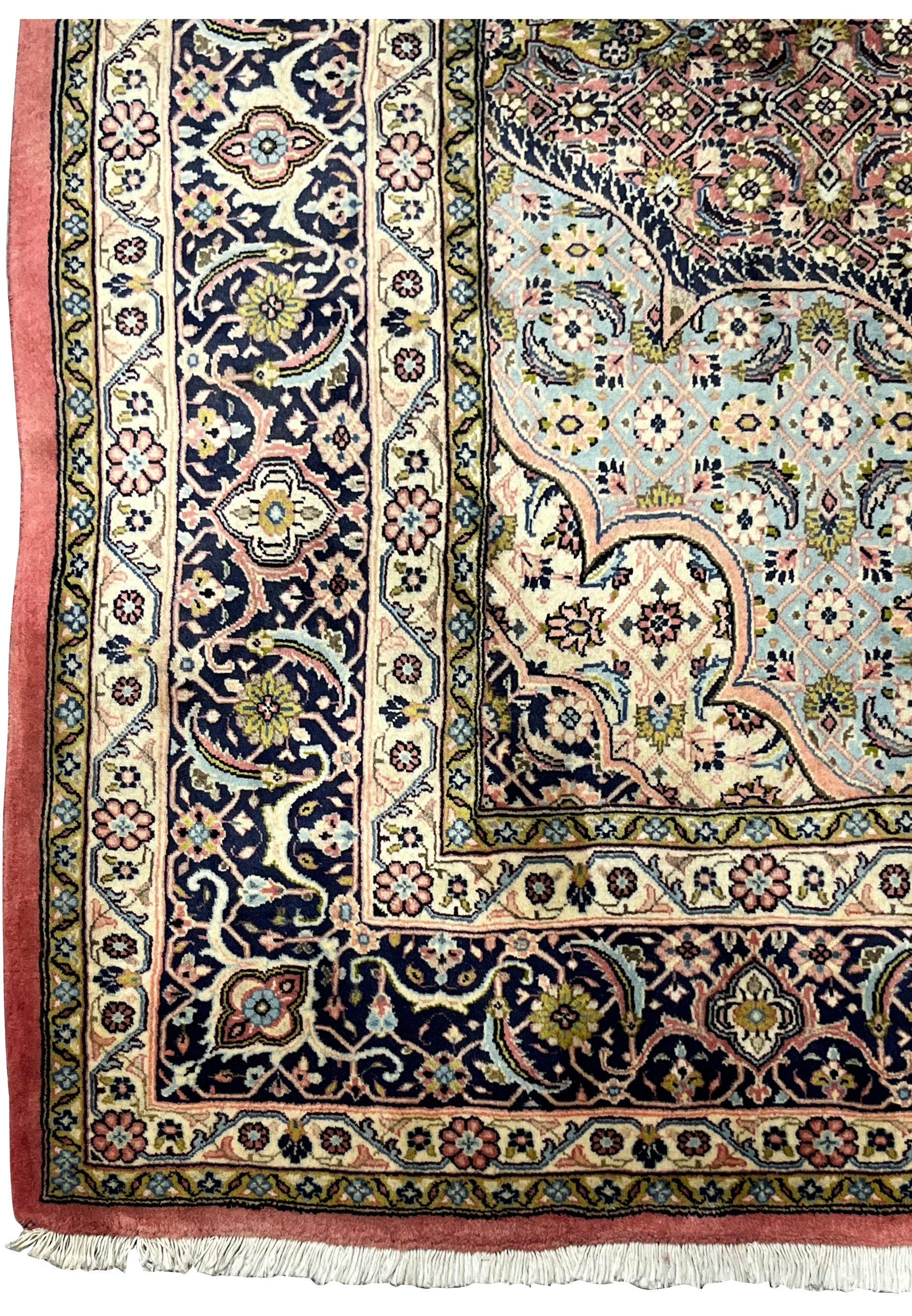 Wide border detail of Persian Bijar iron rug showing navy ground with floral medallions and precise hand-knotted outlines