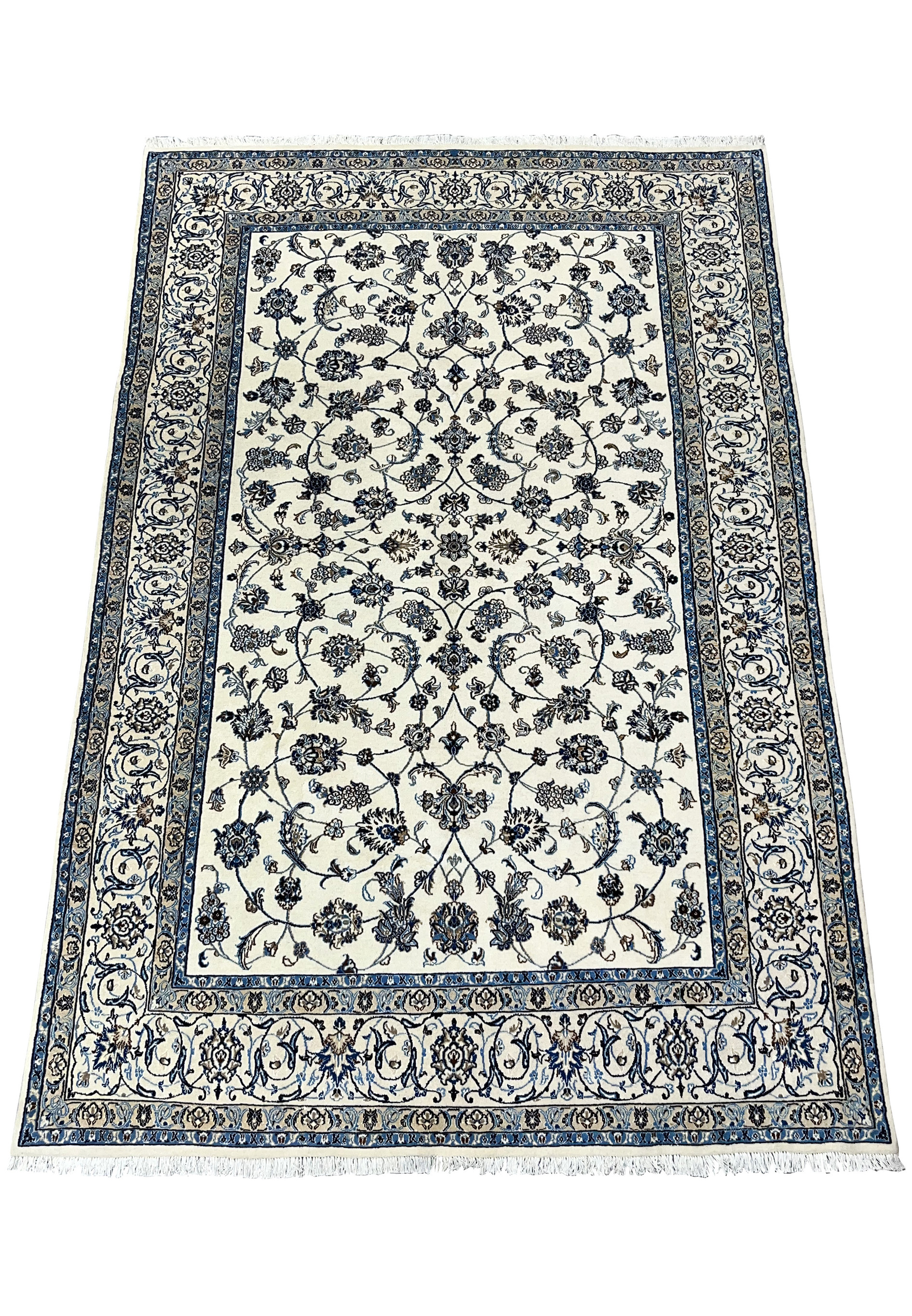 Top view of Persian Nain 9 LA rug showing balanced allover floral pattern on ivory background