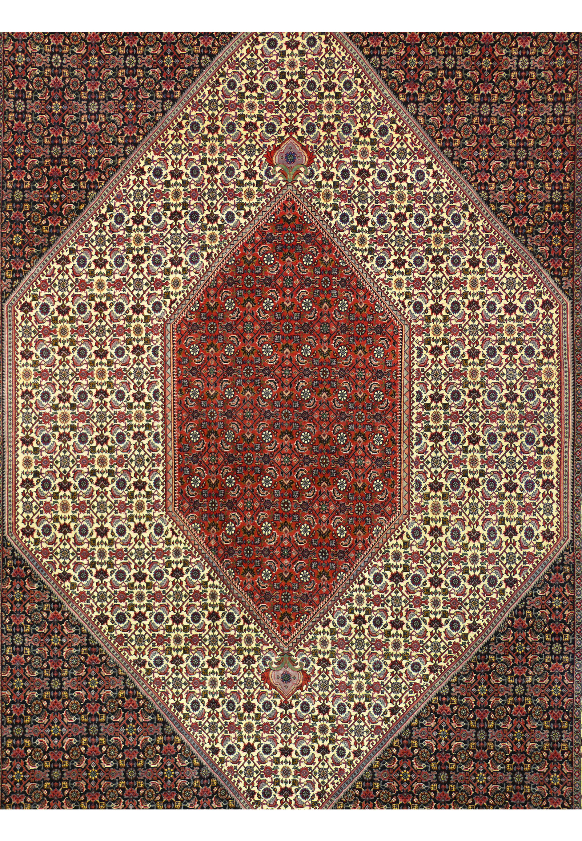 Close up of Persian Bijar rug medallion with red ivory and navy geometric motifs
