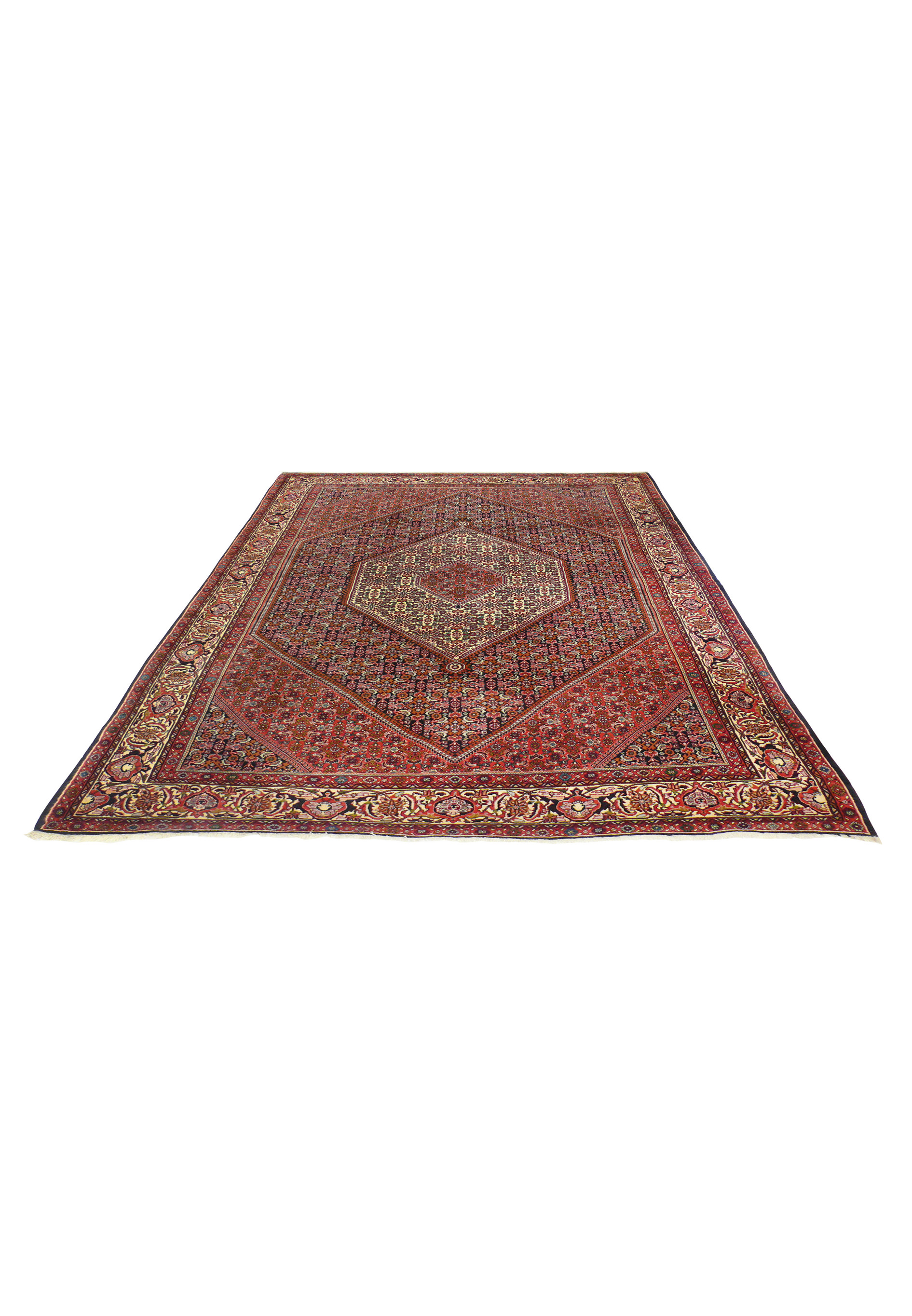 Handwoven Persian Bijar rug laid flat highlighting deep red field and border structure