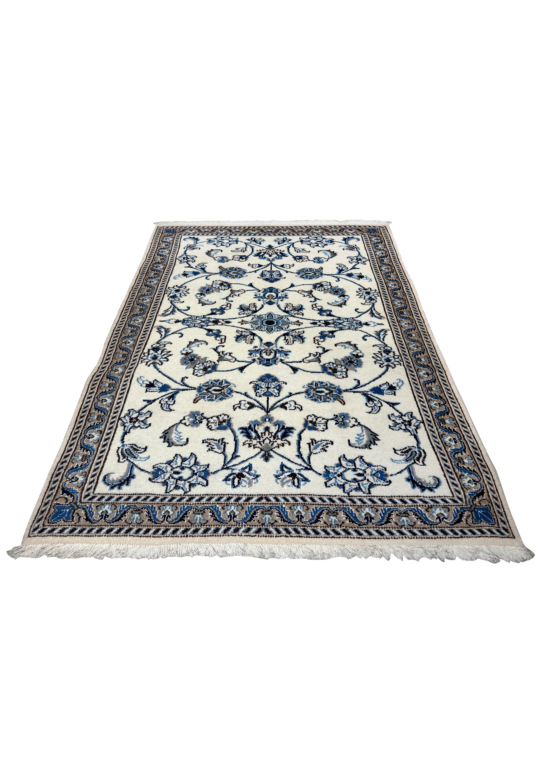 Top perspective of a Persian Nain rug showing ivory ground and symmetrical blue floral design