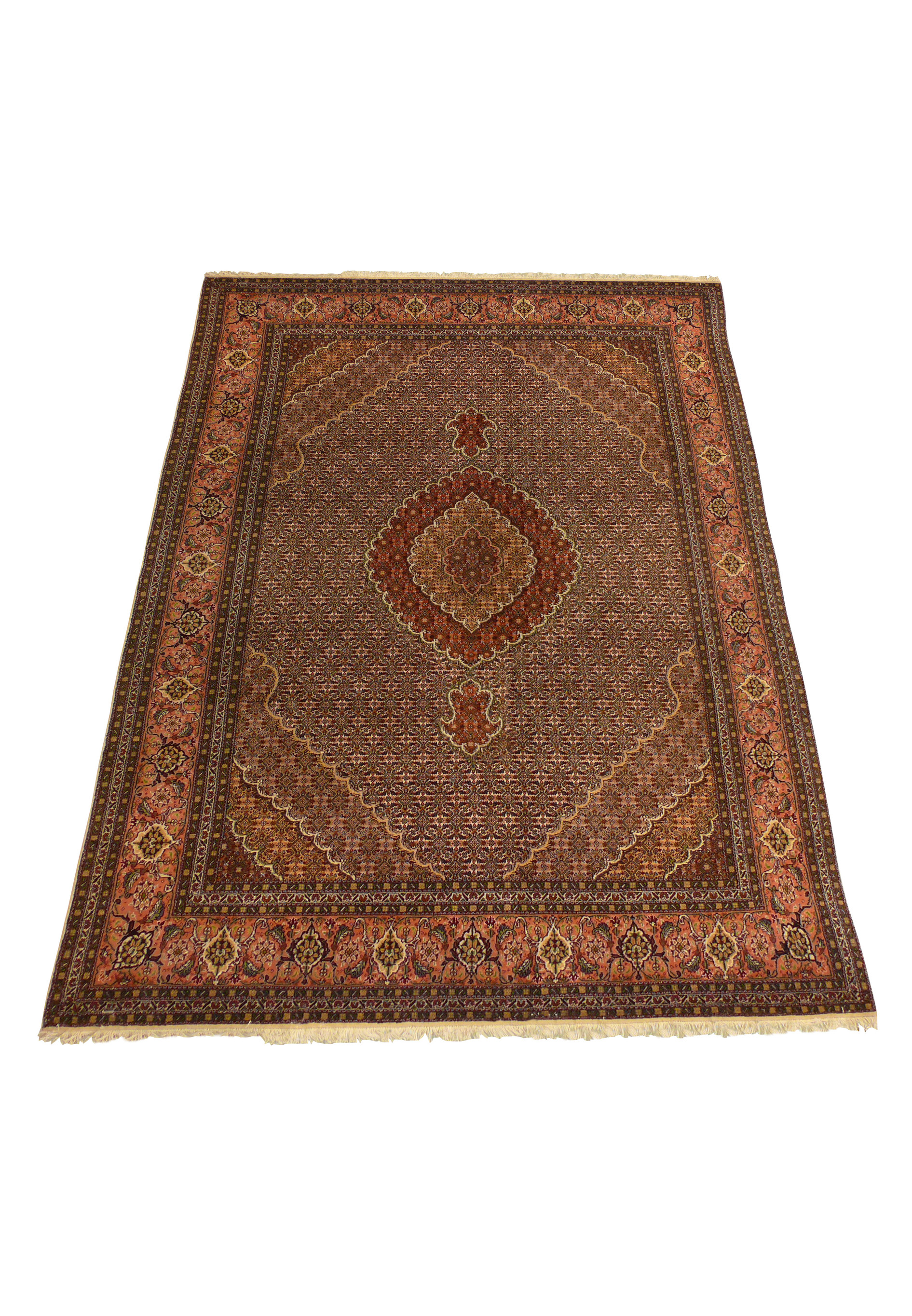 Top view of Persian Tabriz Mahi rug showing balanced medallion and intricate floral pattern