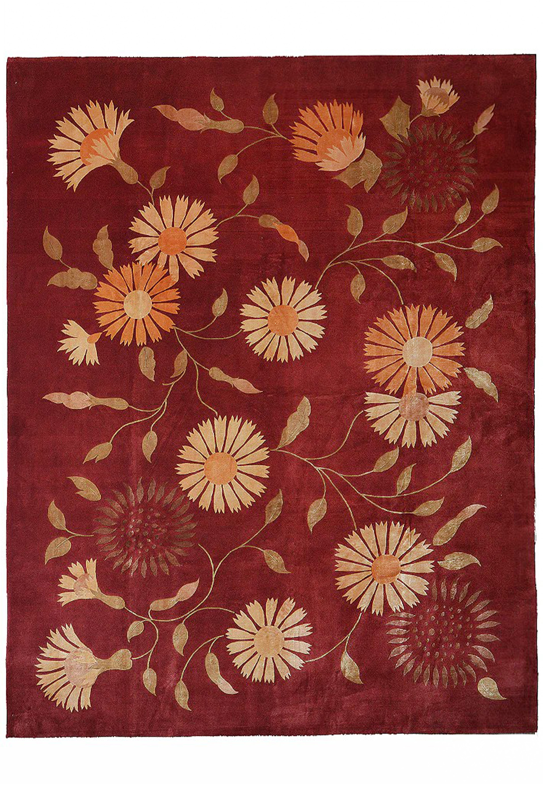 7'9 x 10 modern Tibetan rug handwoven with New Zealand wool and silk, featuring a deep red field and flowing floral motifs with soft luminous highlights