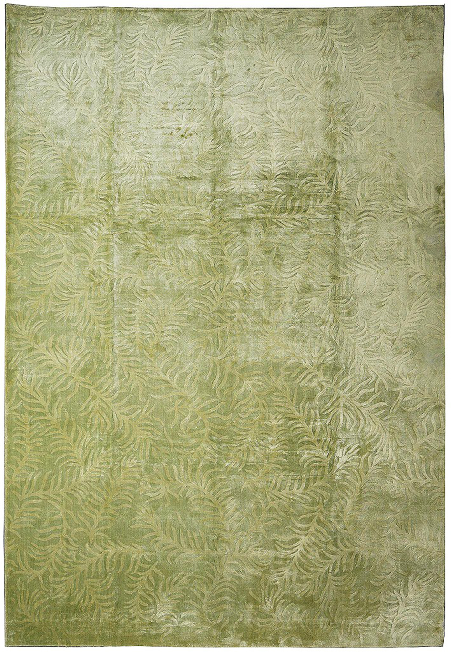 Full view of a 9 x 12'4 modern olive sage green rug featuring an allover abstract botanical pattern with sculpted wool and silk texture.