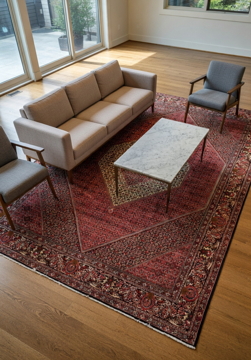 Full view of large Persian Bijar iron rug