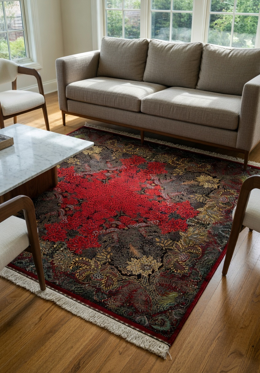 Full view of a 6'6 x 6'9 signed Erami Persian Qum pure silk rug