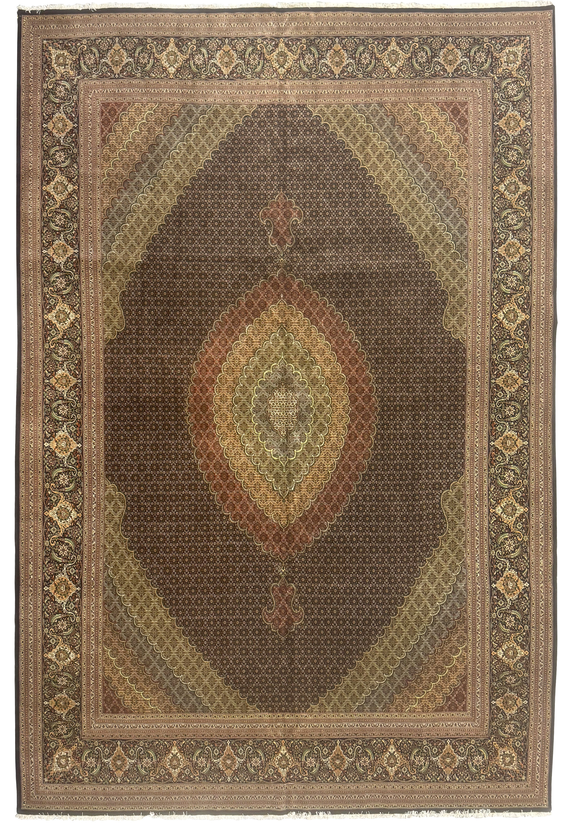 11'5 x 16'5 Persian Tabriz Mahi 50 Raj rug showing layered diamond medallion, dense allover herati pattern, and richly detailed floral borders in muted tones.