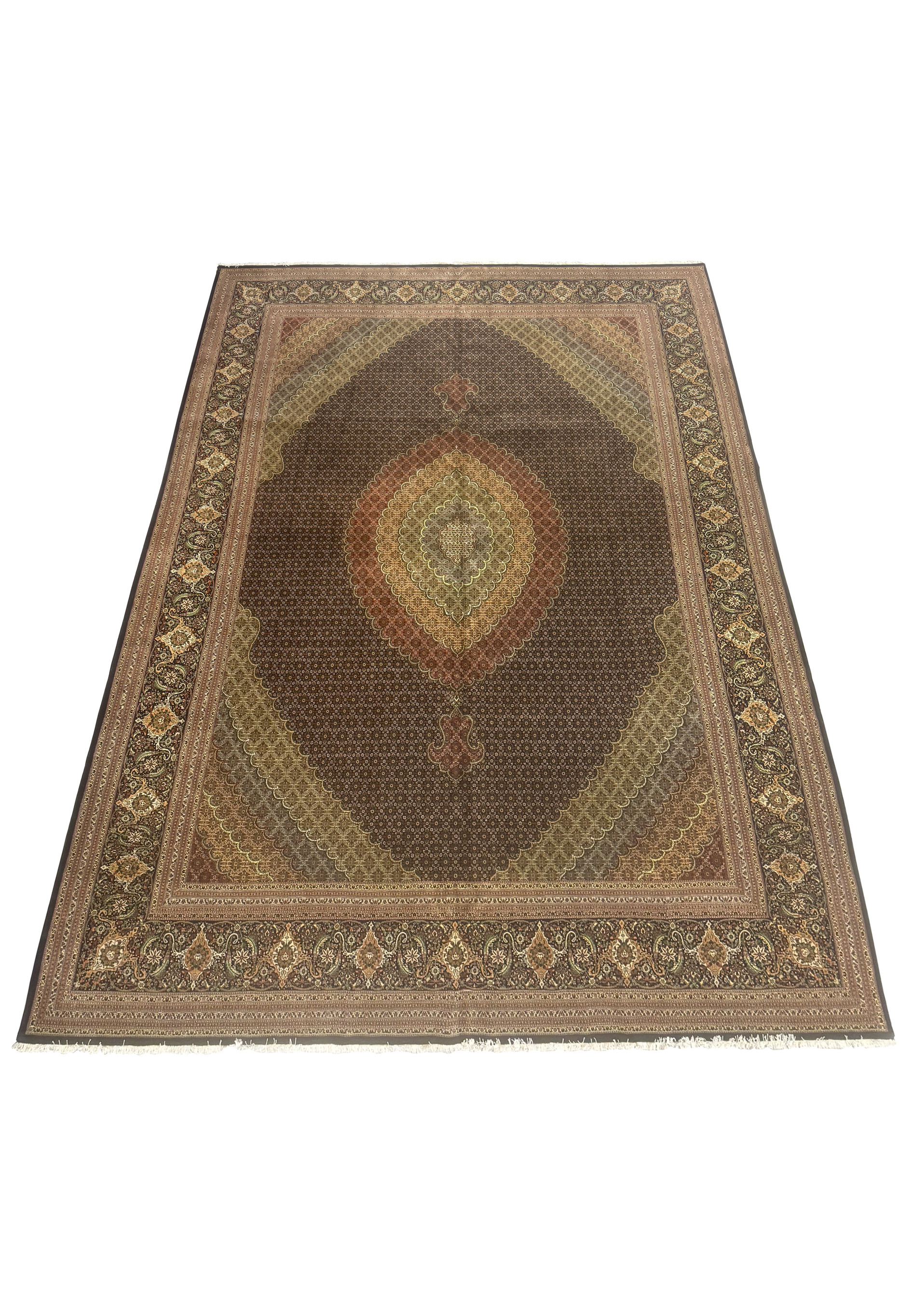 Angled view of 11'5 x 16'5 Persian Tabriz Mahi 50 Raj rug highlighting scale, medallion symmetry, and refined workmanship across the full wool field