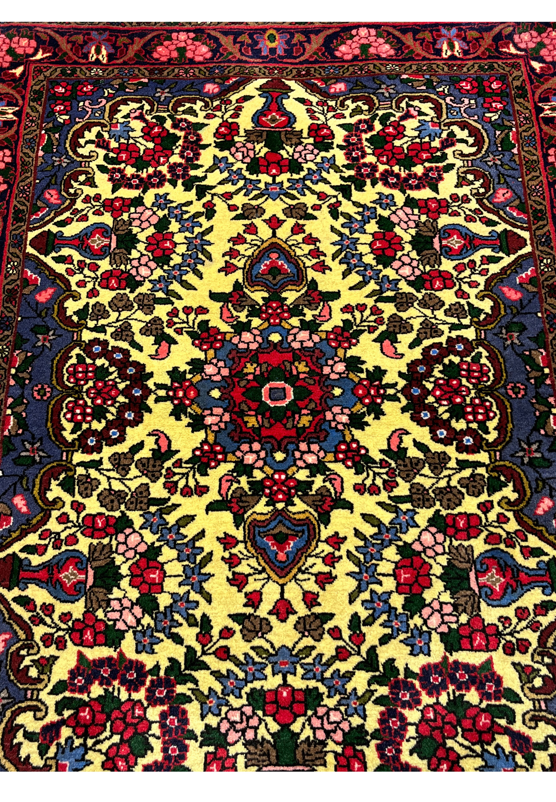 Close up of golden yellow field on Persian Bijar rug highlighting floral vines, red blossoms, navy accents, and dense hand knotted wool texture