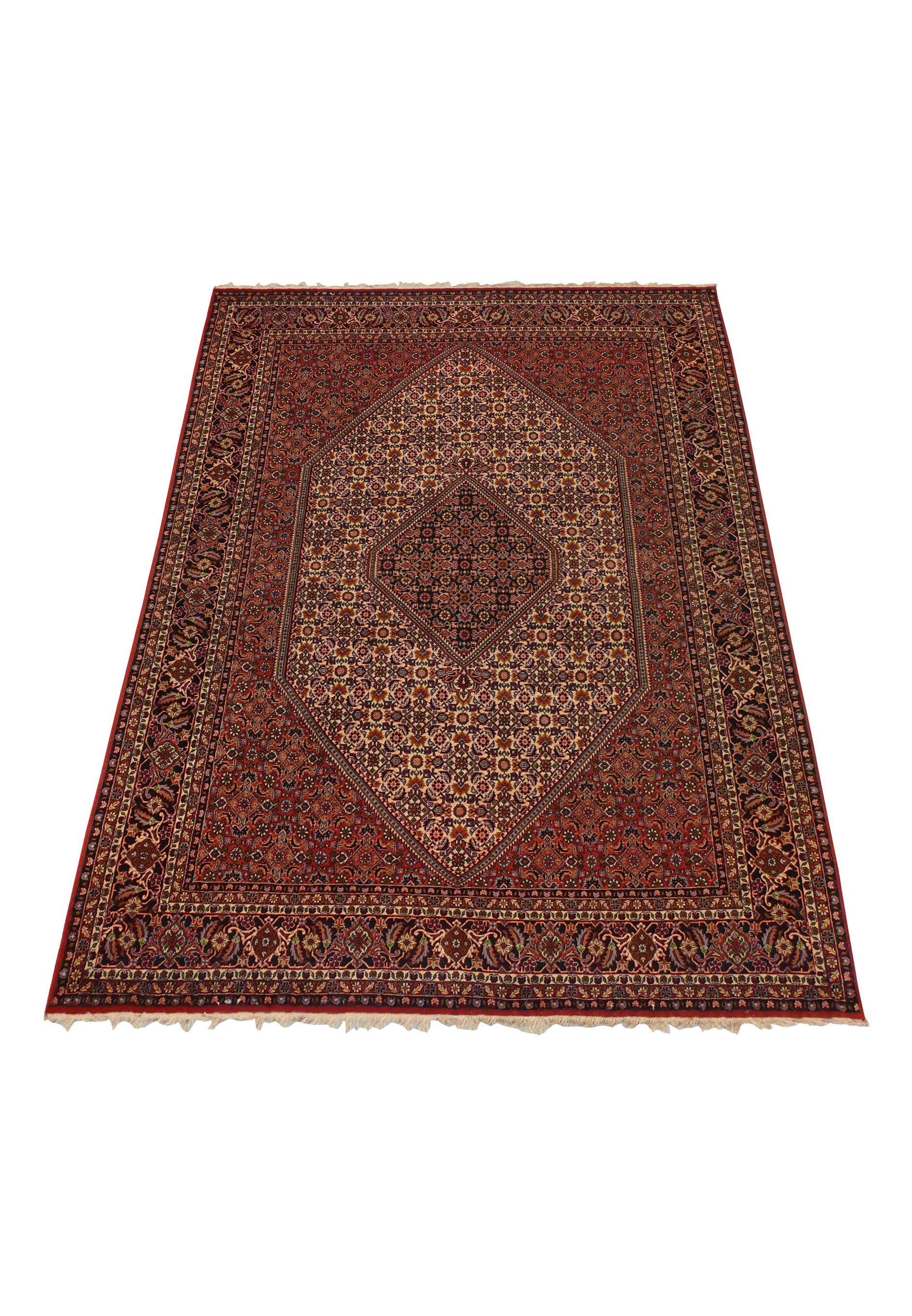 Laid flat view of a 6'5 x 10 Persian Bijar rug highlighting its symmetrical medallion layout, compact weave, strong borders, and classic Kurdish design