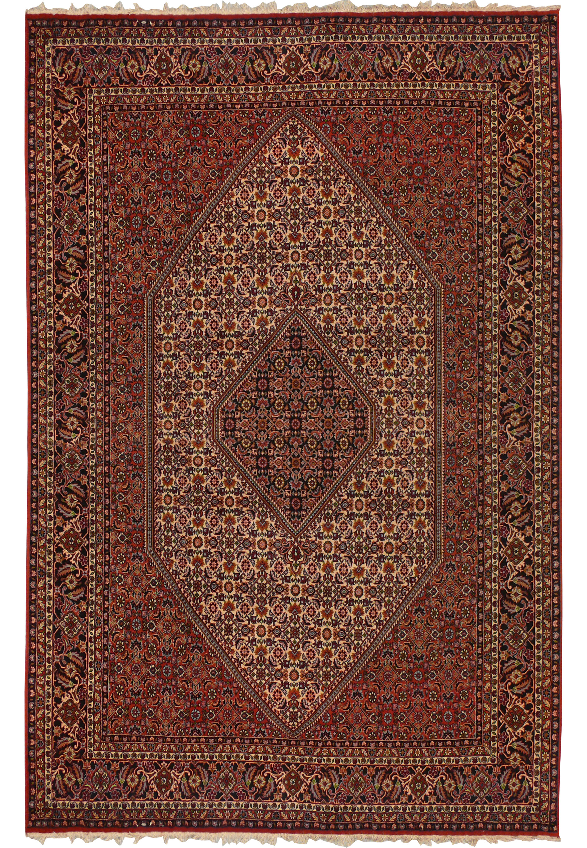 Full view of a 6'5 x 10 authentic Persian Bijar rug featuring a deep brick red field, ivory diamond medallion, dense floral motifs, and dark navy borders