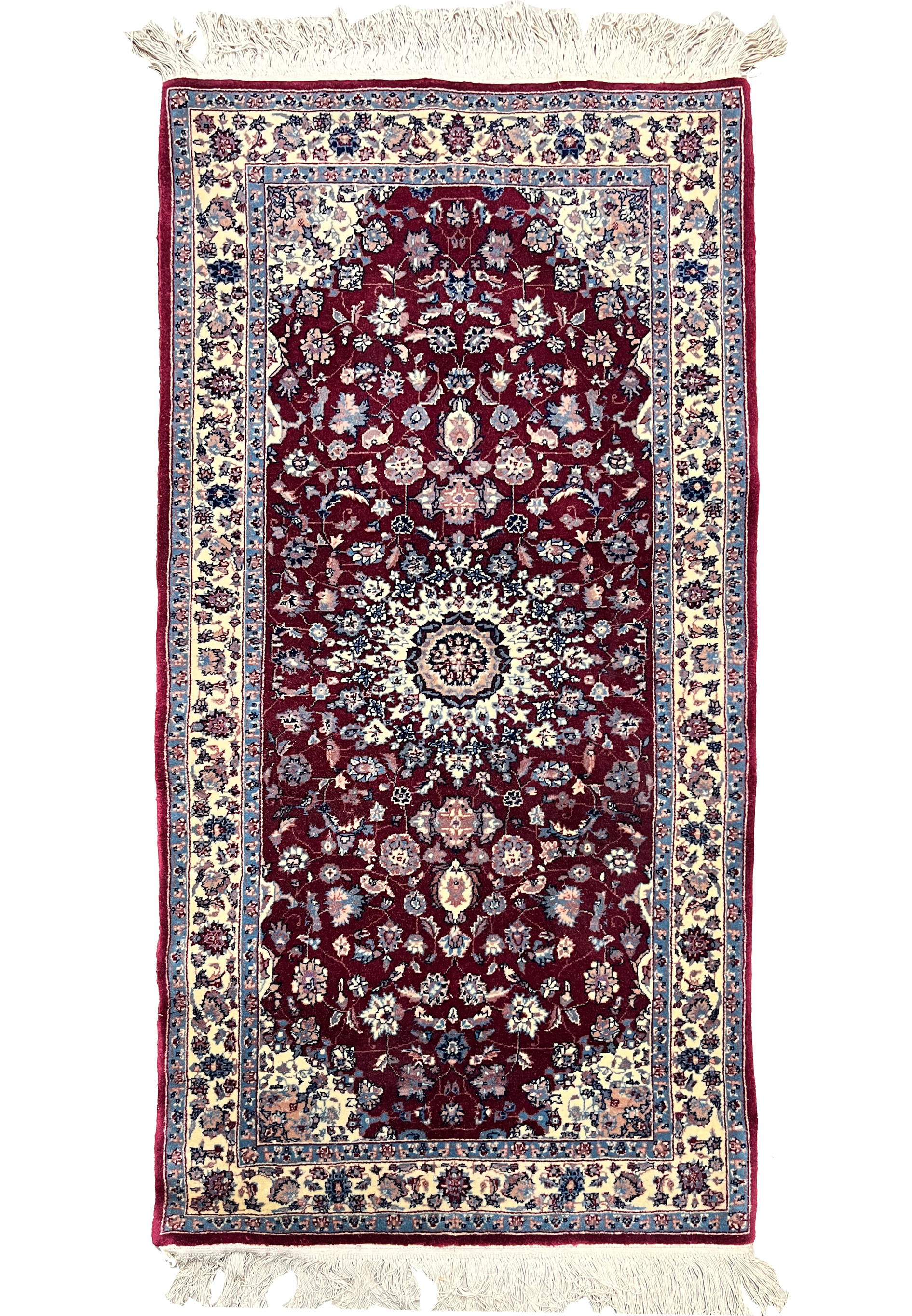 Full view of a 2'4 x 4'7 Persian Tabriz medallion rug with a rich burgundy field, ivory border, floral motifs, and balanced traditional layout