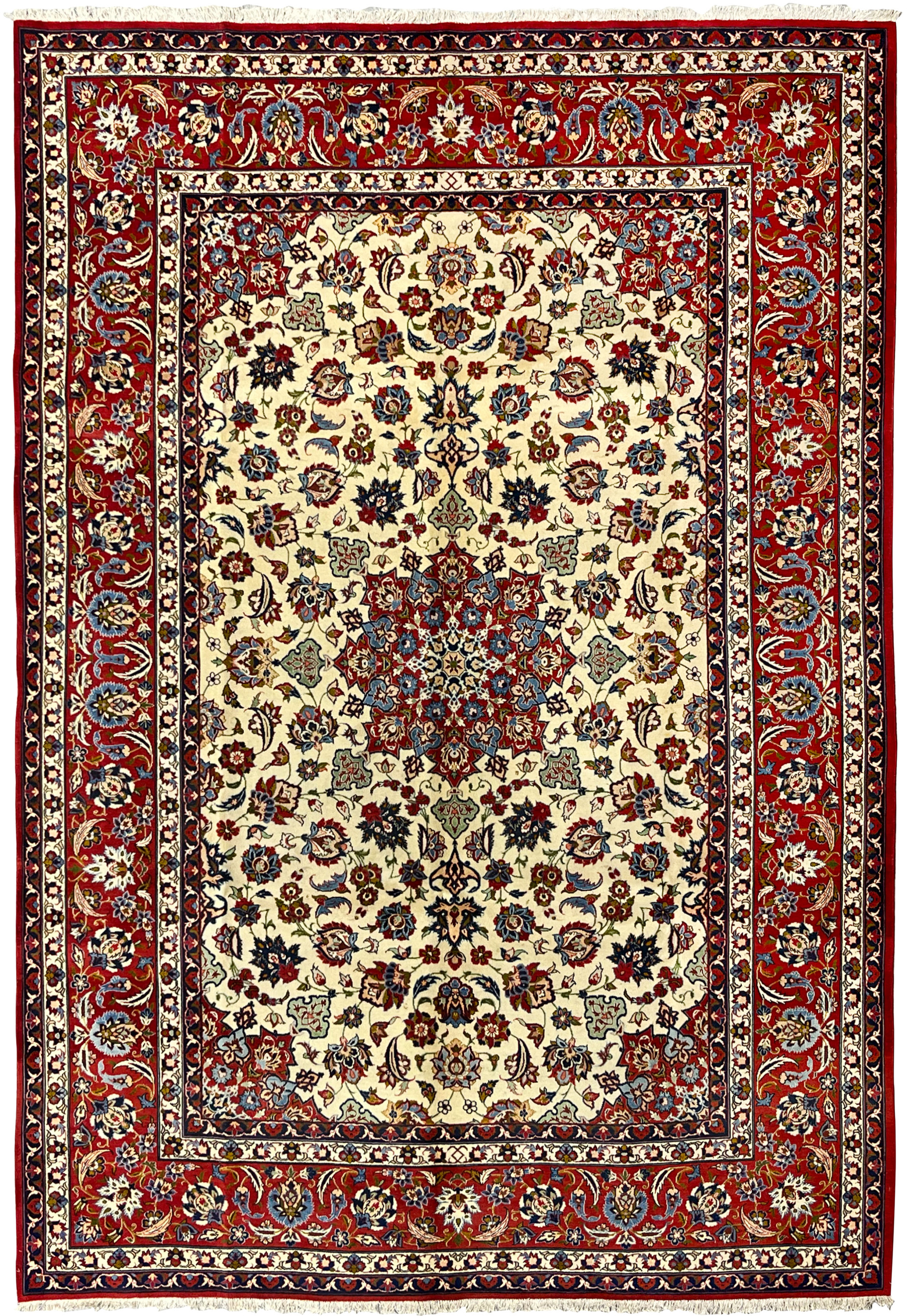 Full view of an 8.8 x 12.4 Persian Isfahan rug featuring an ivory field, intricate floral medallion, rich red borders, and fine kork wool with silk highlights