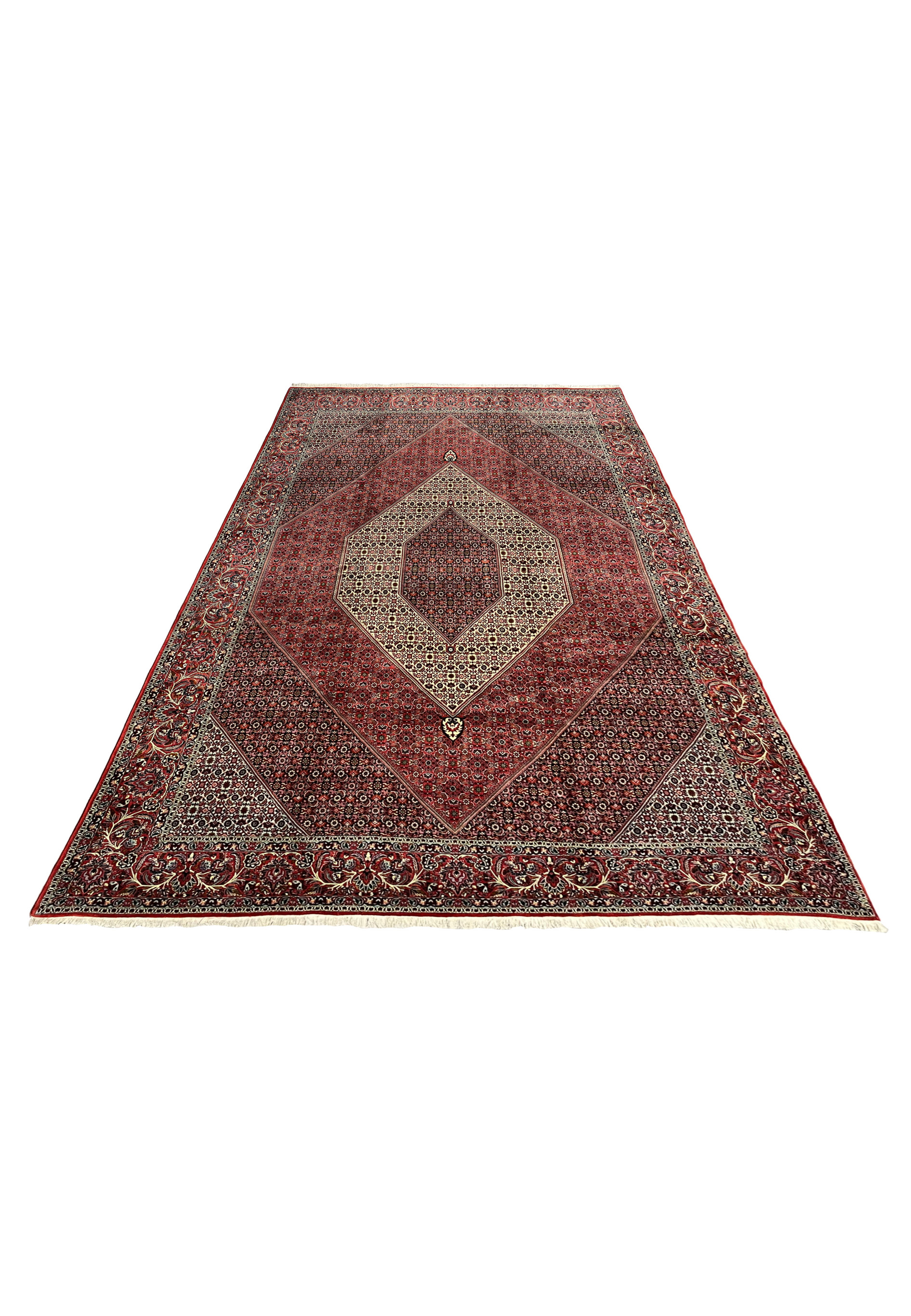 Laid-down view of a Persian Bijar iron rug highlighting its heavy wool pile, precise geometry, strong structure, and balanced layered border design