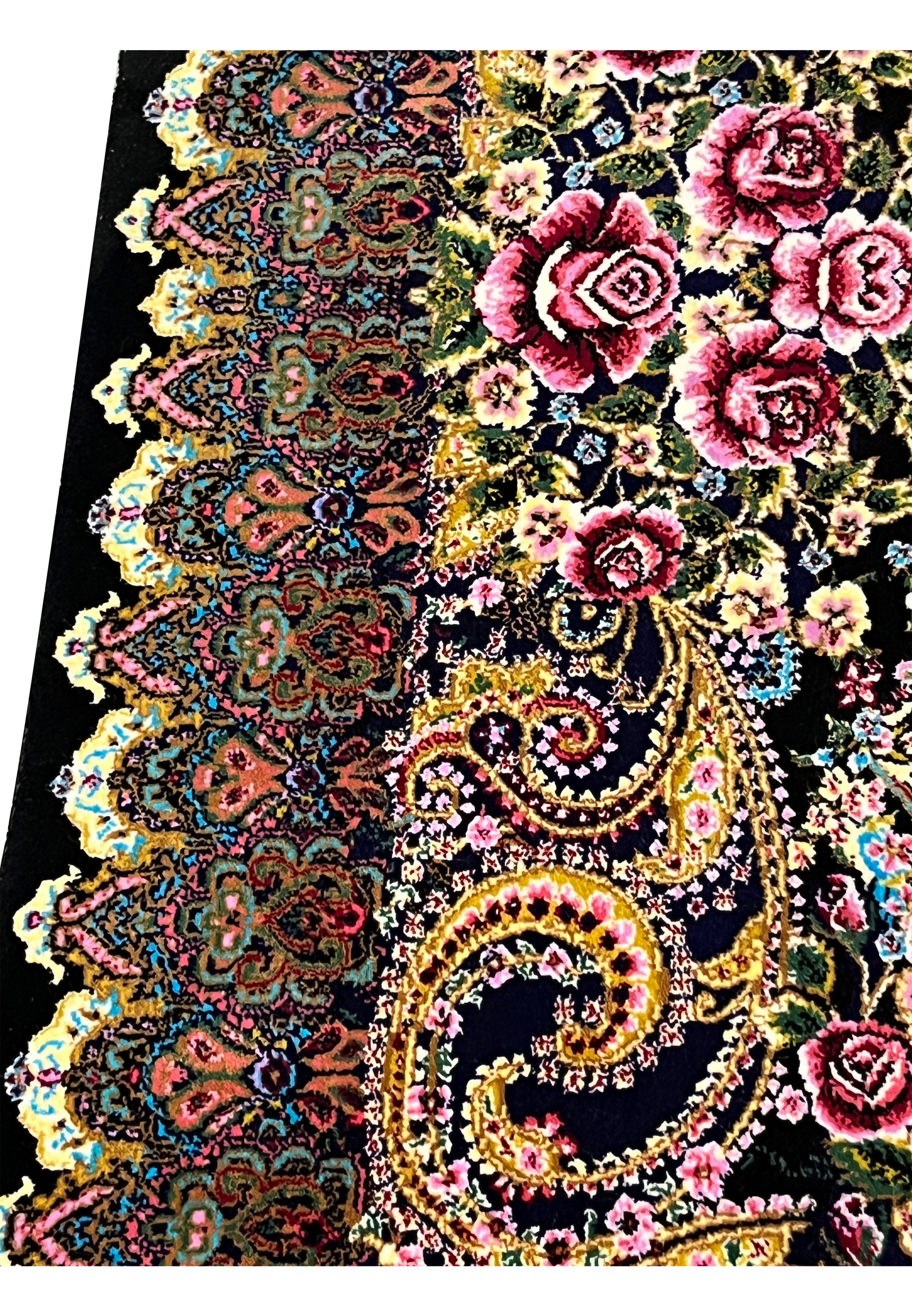 Border detail of a signed Persian Qum pure silk rug showing layered floral motifs and precise silk weaving
