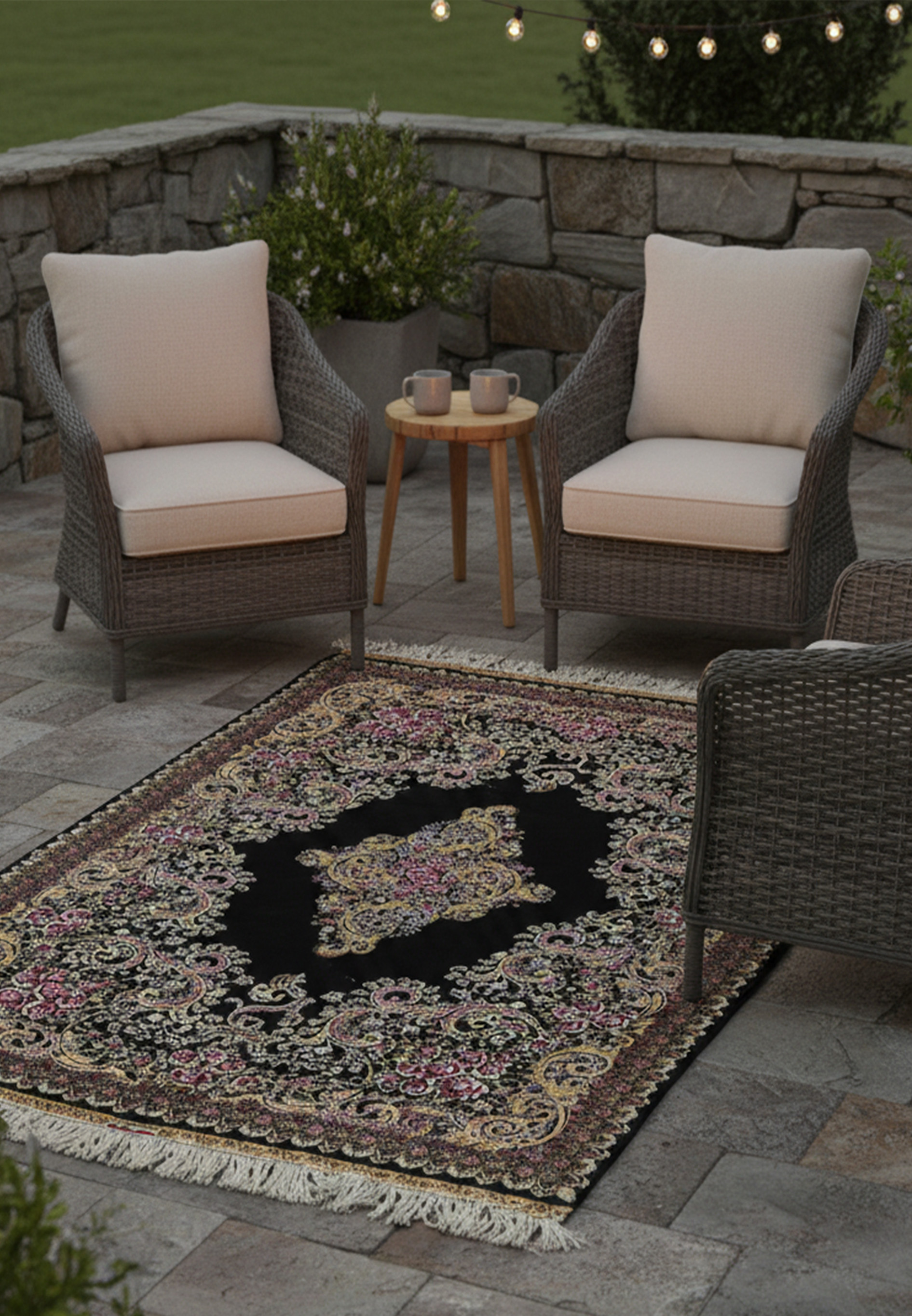 Full view of a signed Persian Qum pure silk rug