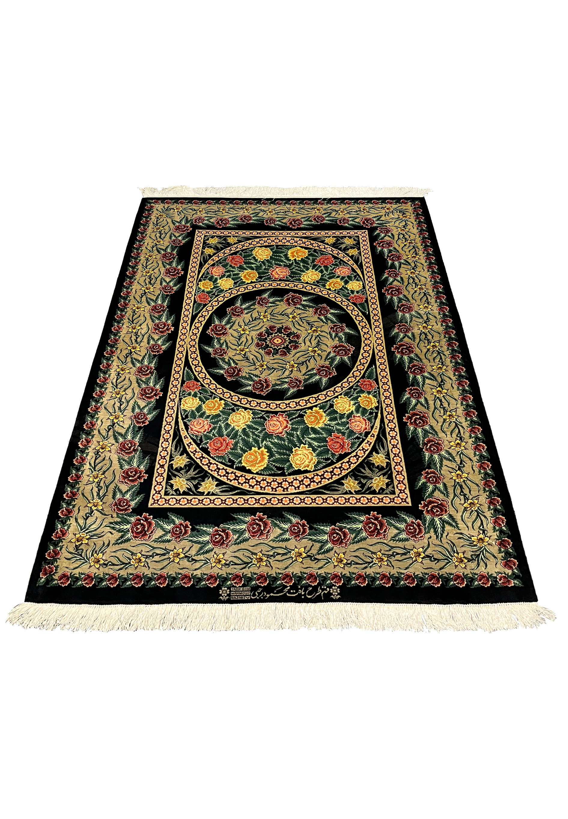 Laid-down view of a signed Persian Qum 100 percent silk rug in 3'5 x 5'2 size, showing balanced medallion layout, fine knotting, and crisp floral borders.