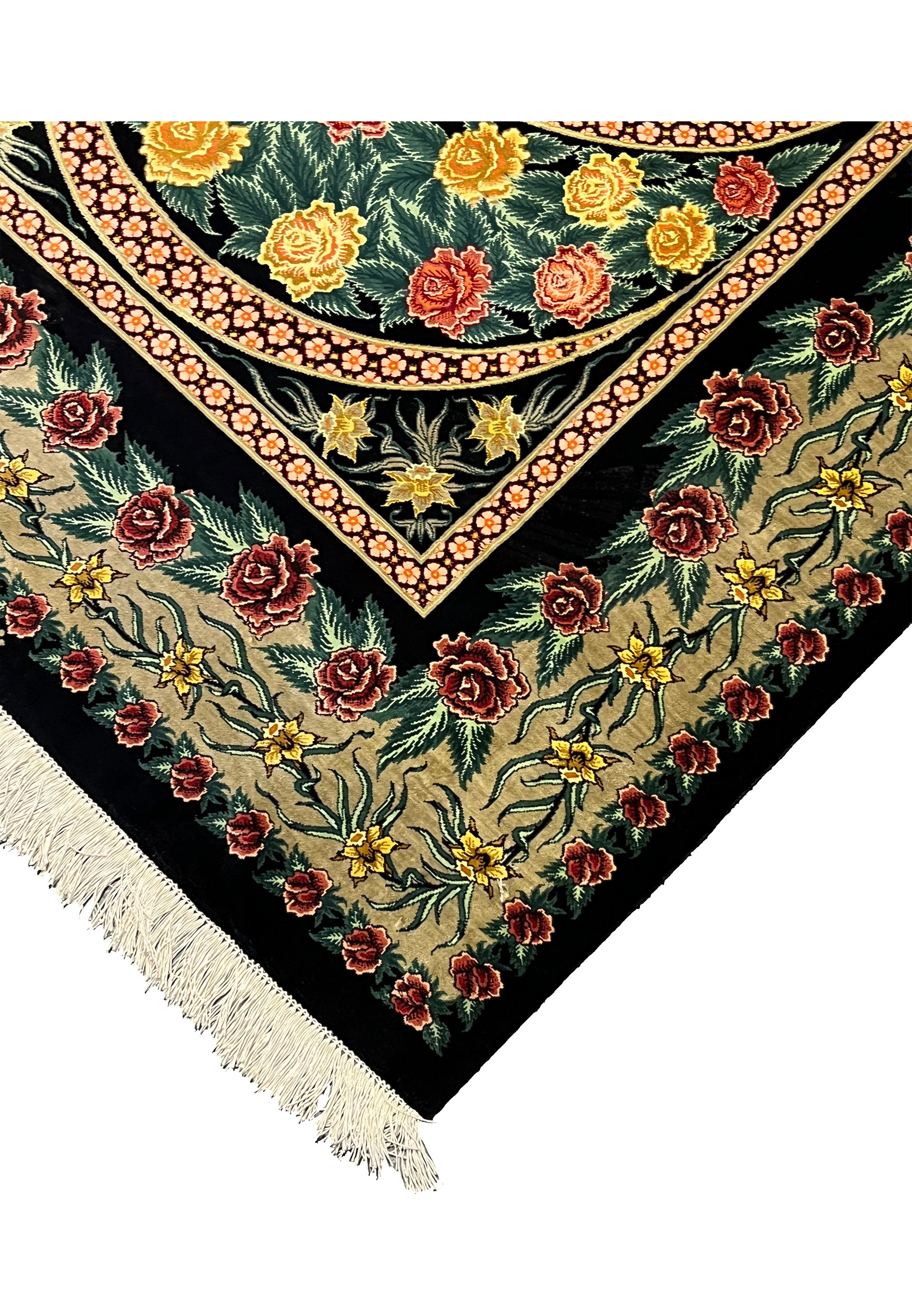 Edge detail of a 3'5 x 5'2 Persian Qum pure silk rug showing tight finishing, even silk pile, and sharply defined borders along the outer frame