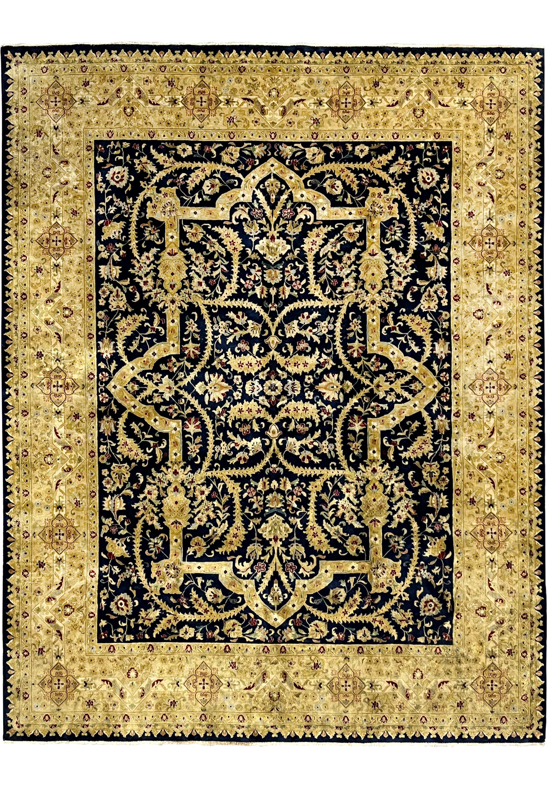 Full view of an 8' x 10' distressed Oriental Agra rug made in India, featuring a navy floral field, antique gold borders, visible wear, and repaired edges