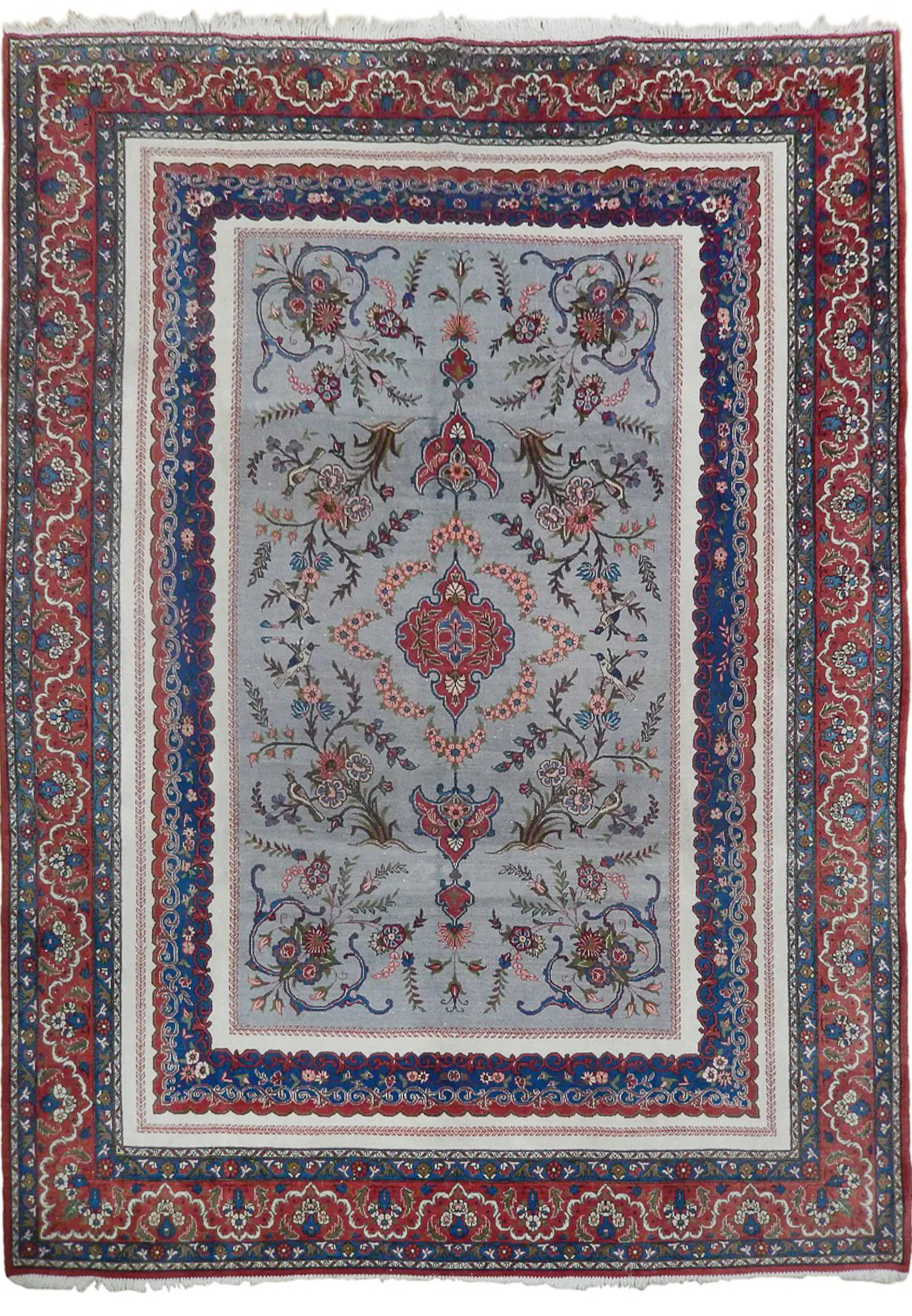 Straight-on view of an 8'10 x 11'9 Persian Isfahan rug highlighting the rare grey background, balanced floral design, and refined craftsmanship
