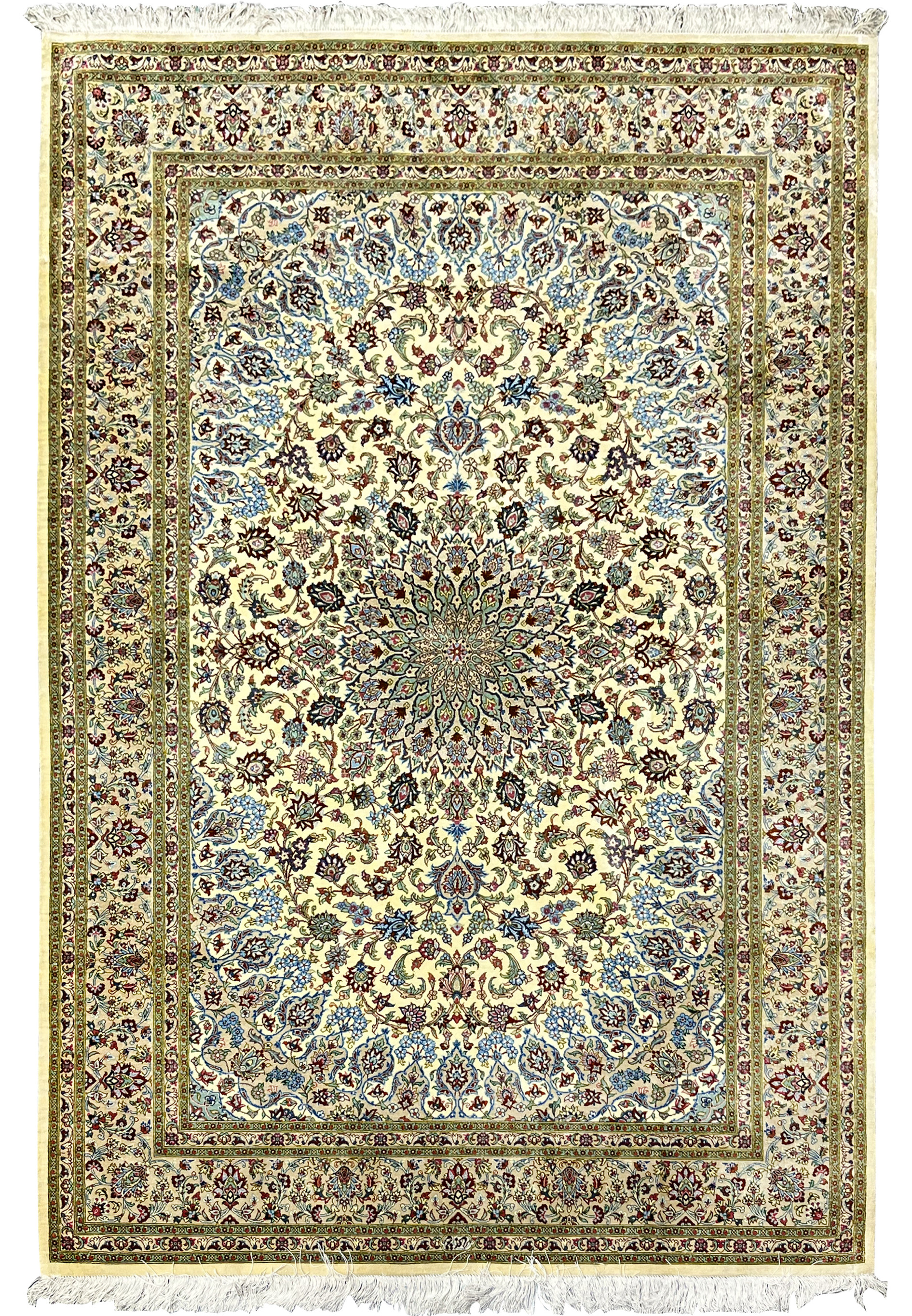 Full view of a 4'5 x 6'7 signed Persian Qum pure silk rug featuring an intricate floral medallion, ivory field, fine knot density, and classic Persian symmetry.