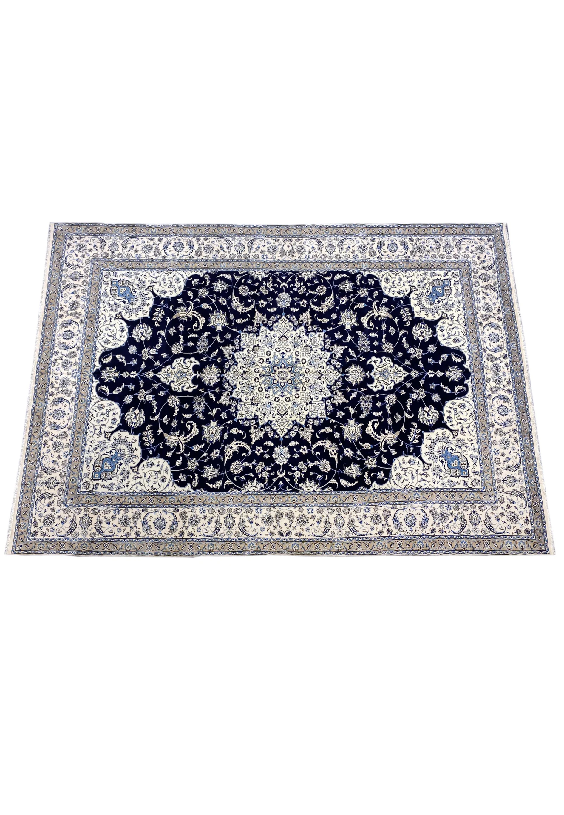 Top view of a rare size Persian Nain 9 La rug highlighting symmetrical design, elongated format, and refined floral composition