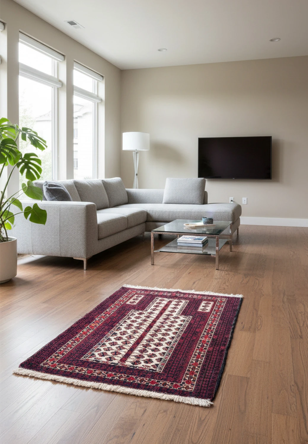 Full view of a 3'2 x 4'7 Persian Baluch prayer rug