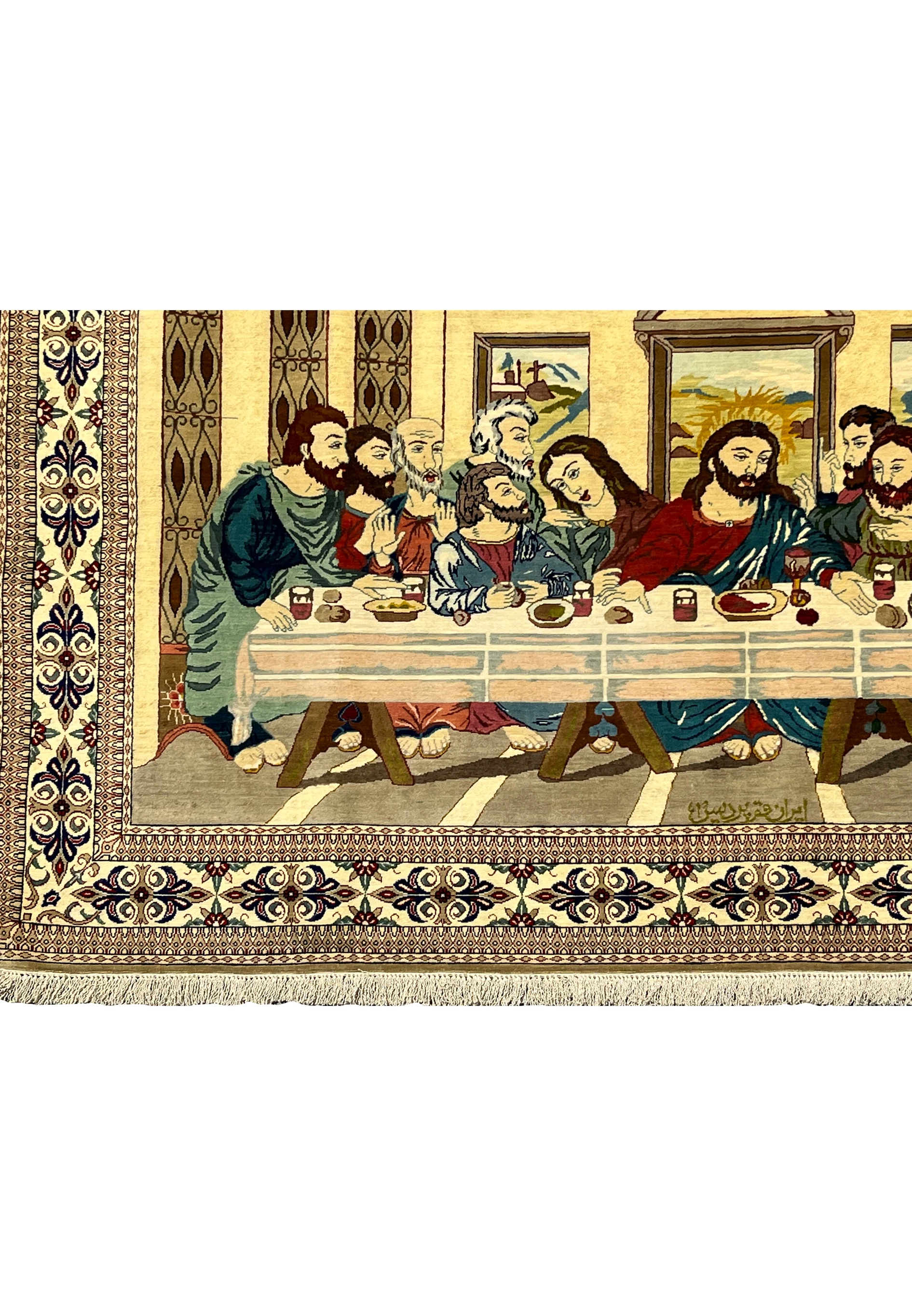 Border detail of signed pure silk Persian Qum Pardis rug featuring floral motifs, layered guard borders, and traditional Persian symmetry