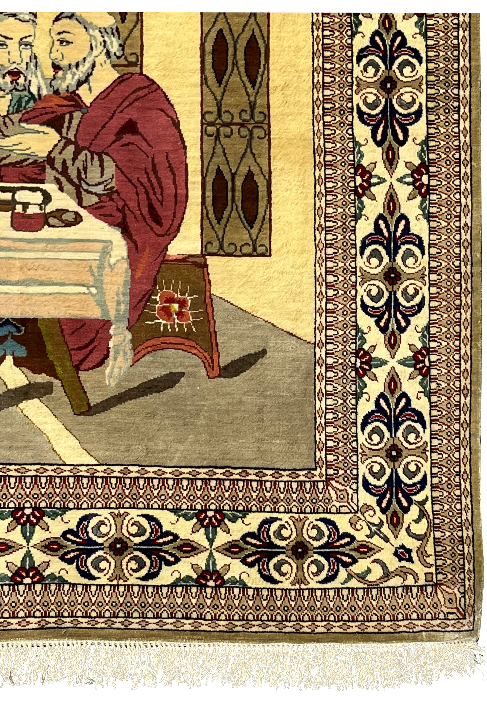 Edge and corner detail of signed pure silk Persian Qum rug highlighting precise borders, crisp edges, and artisan knot structure