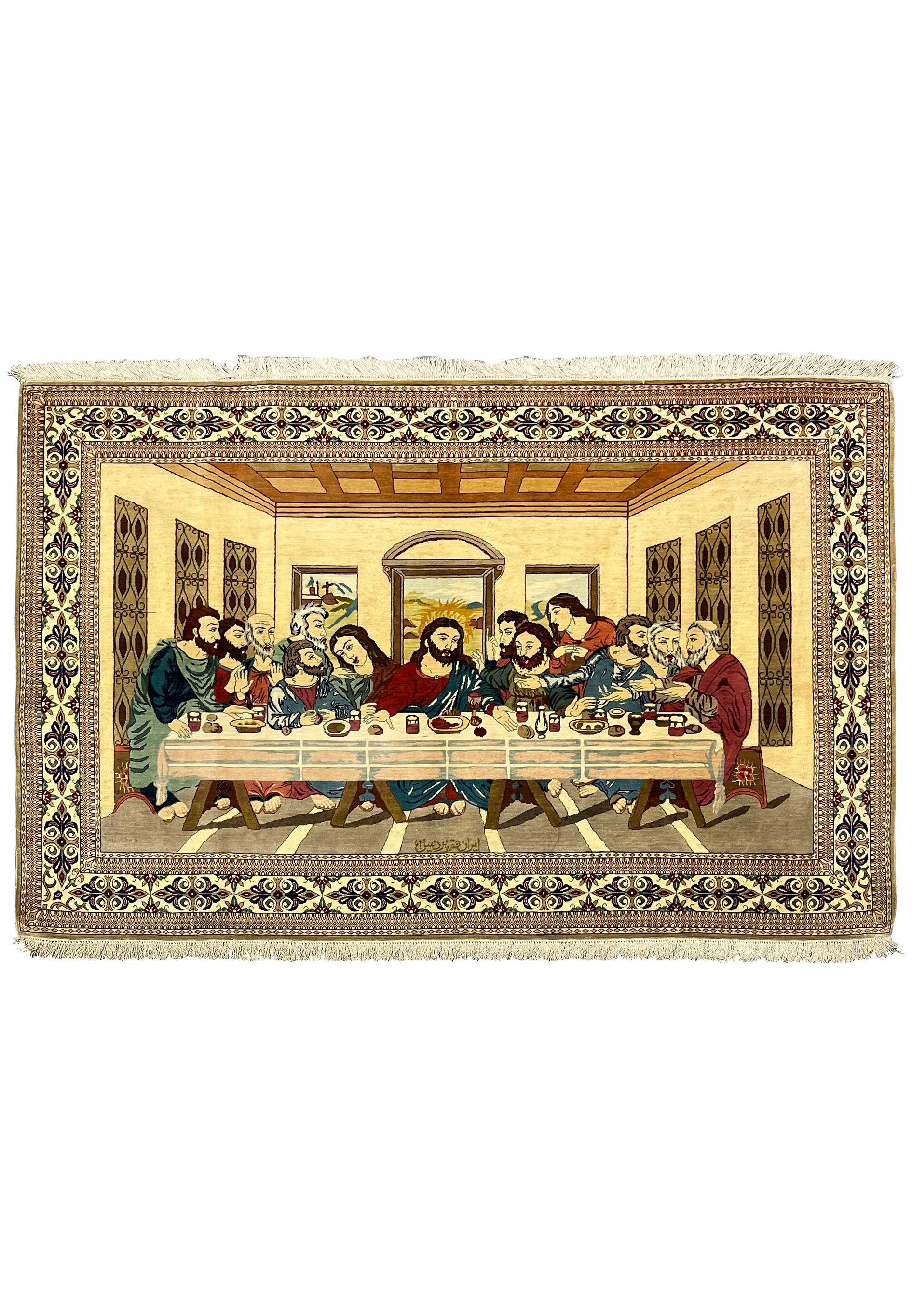 Top view of signed pure silk Persian Qum Pardis rug featuring The Last Supper with balanced composition, soft gold tones, and refined pictorial detail.