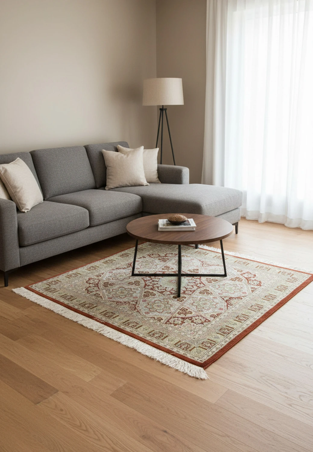 Full view of signed Amjadi Persian Qum 5 x 5 square rug