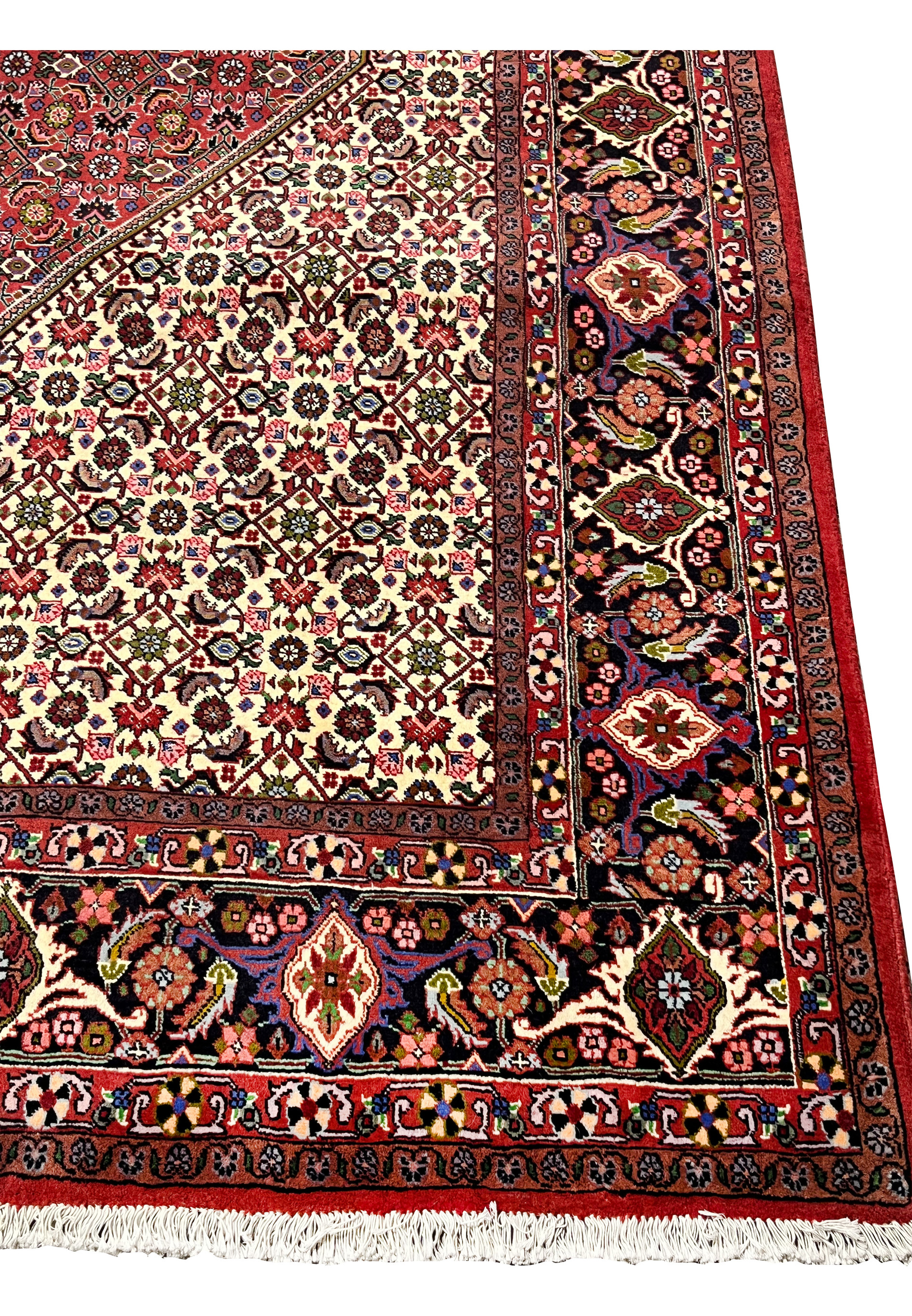 Border view of Persian Bijar rug featuring floral medallions, dark outlines, olive accents, and traditional Kurdish design elements