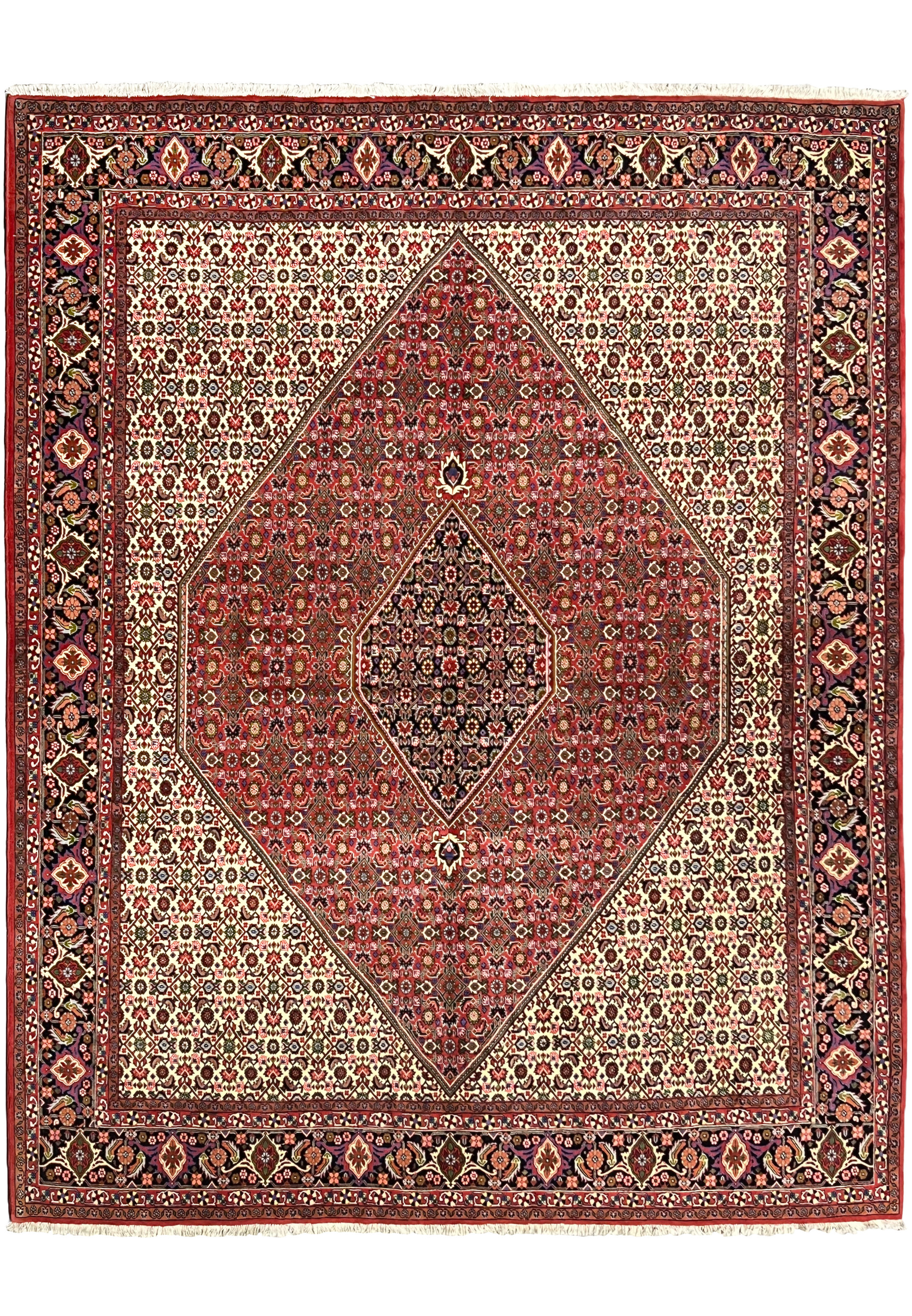 Full view of hand knotted Persian Bijar rug with ivory field, deep red diamond medallion, dense geometric motifs, and richly detailed floral borders.