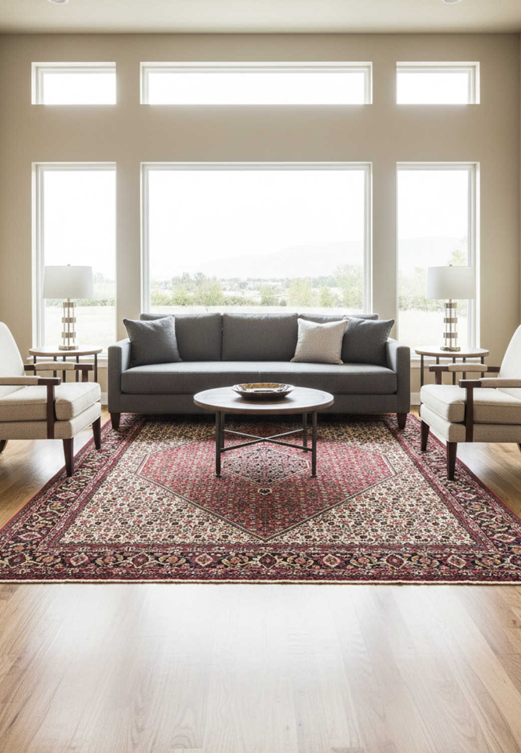 Full view of hand knotted Persian Bijar rug