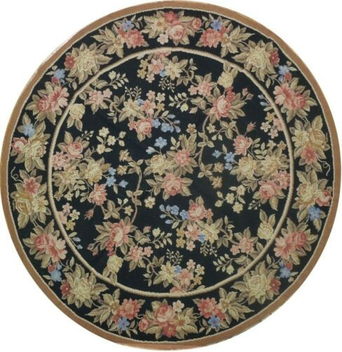 5 x 5 Flat Weave Floral Round Needlepoint Rug