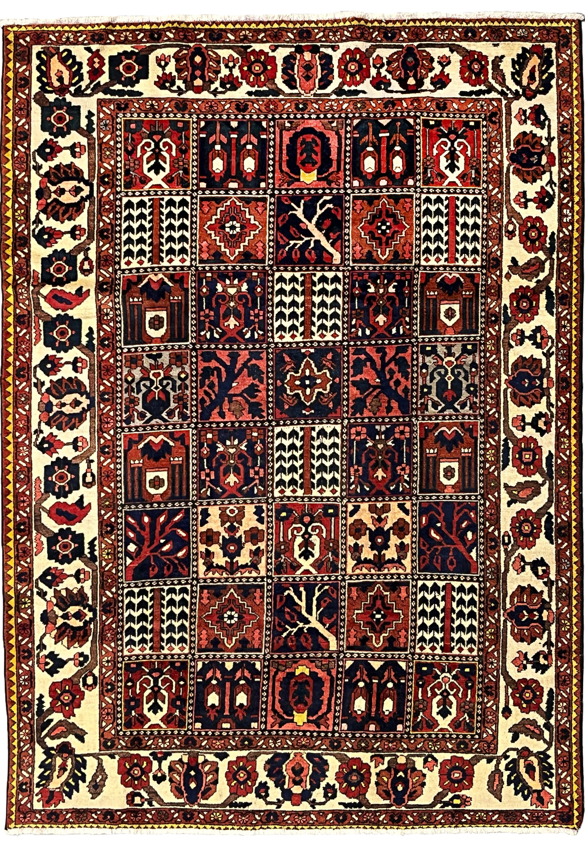 Full view of a 7'4 x 10'1 Persian Bakhtiar garden rug featuring ivory borders and colorful pictorial square panels in red and navy
