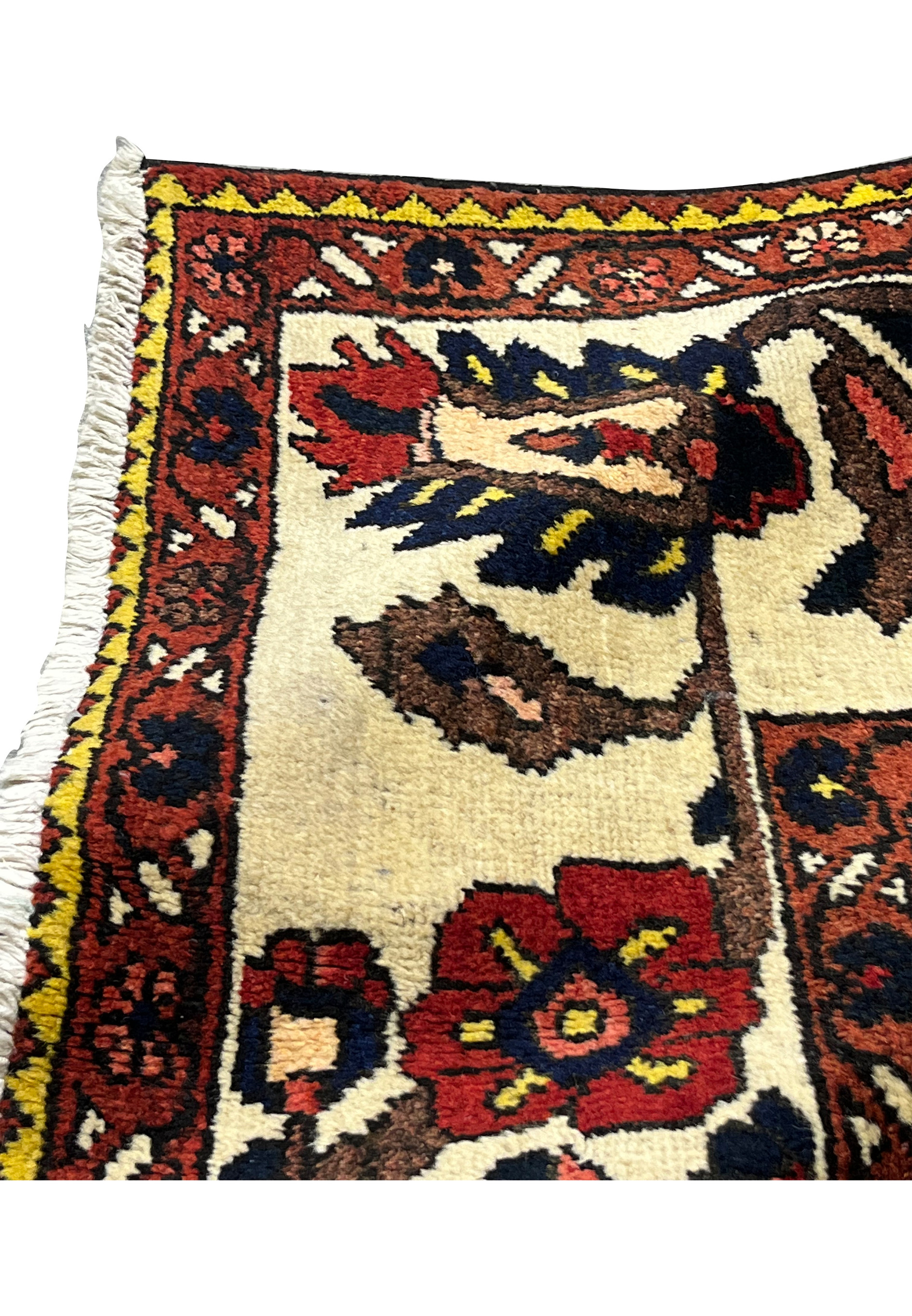 Folded edge detail of a Persian Bakhtiar garden rug highlighting wool density, color saturation, and layered knot structure within the border