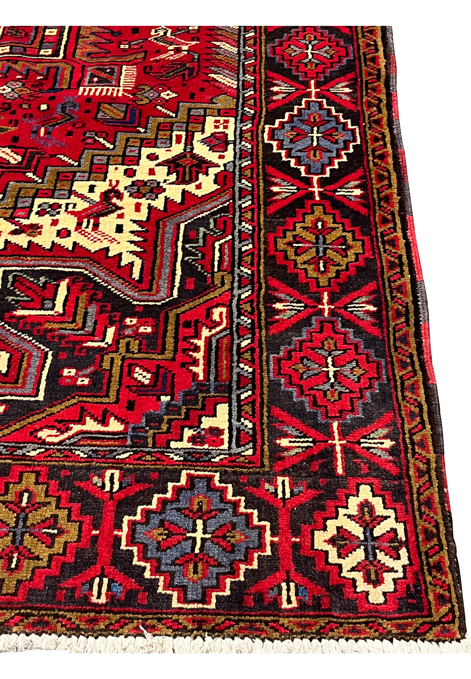 Border closeup of Heriz tribal rug displaying repeating diamond motifs stylized flowers and classic village weaving details