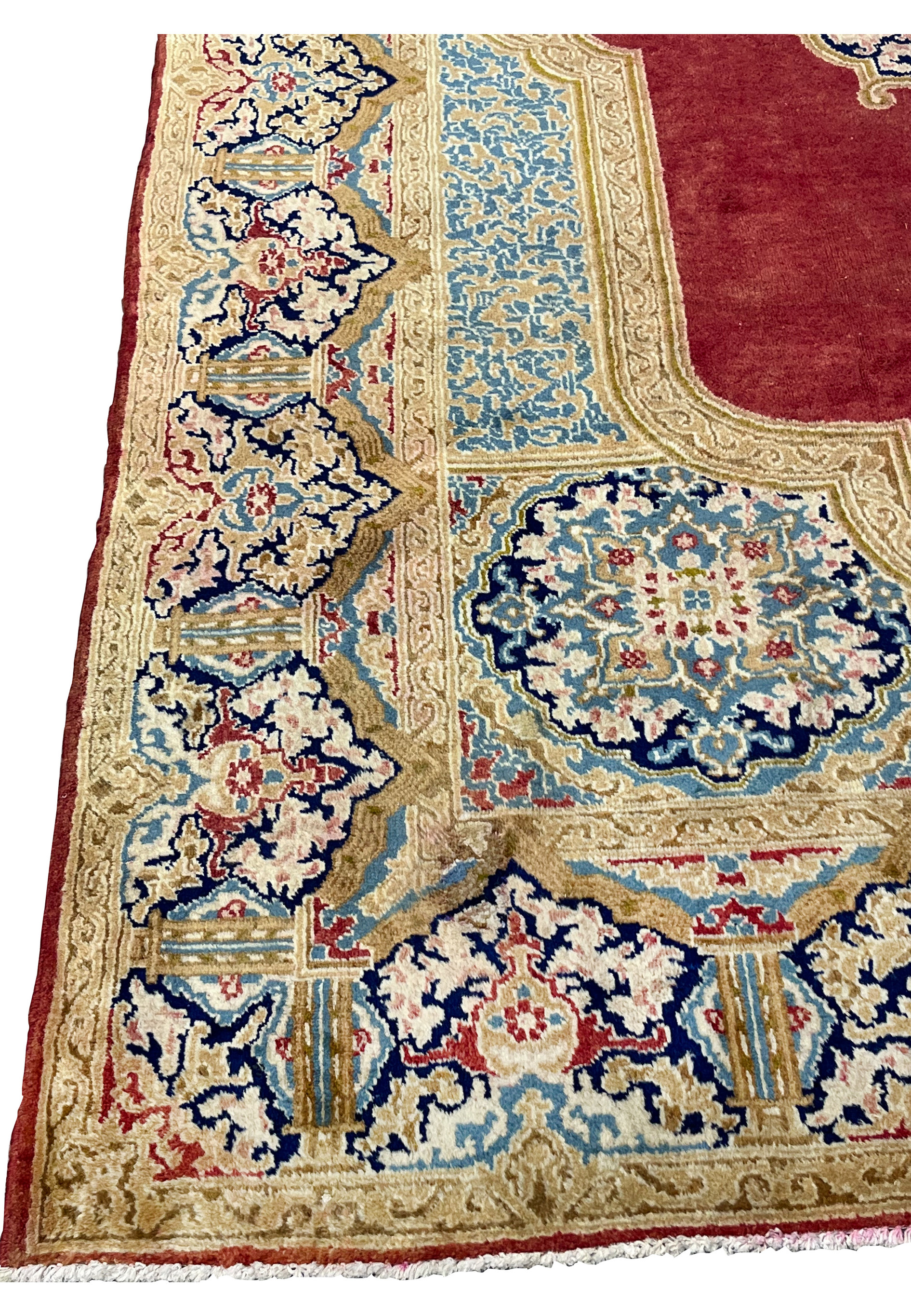 Main border detail antique Persian rug with repeating floral cartouches navy outlines ivory ground traditional palace design