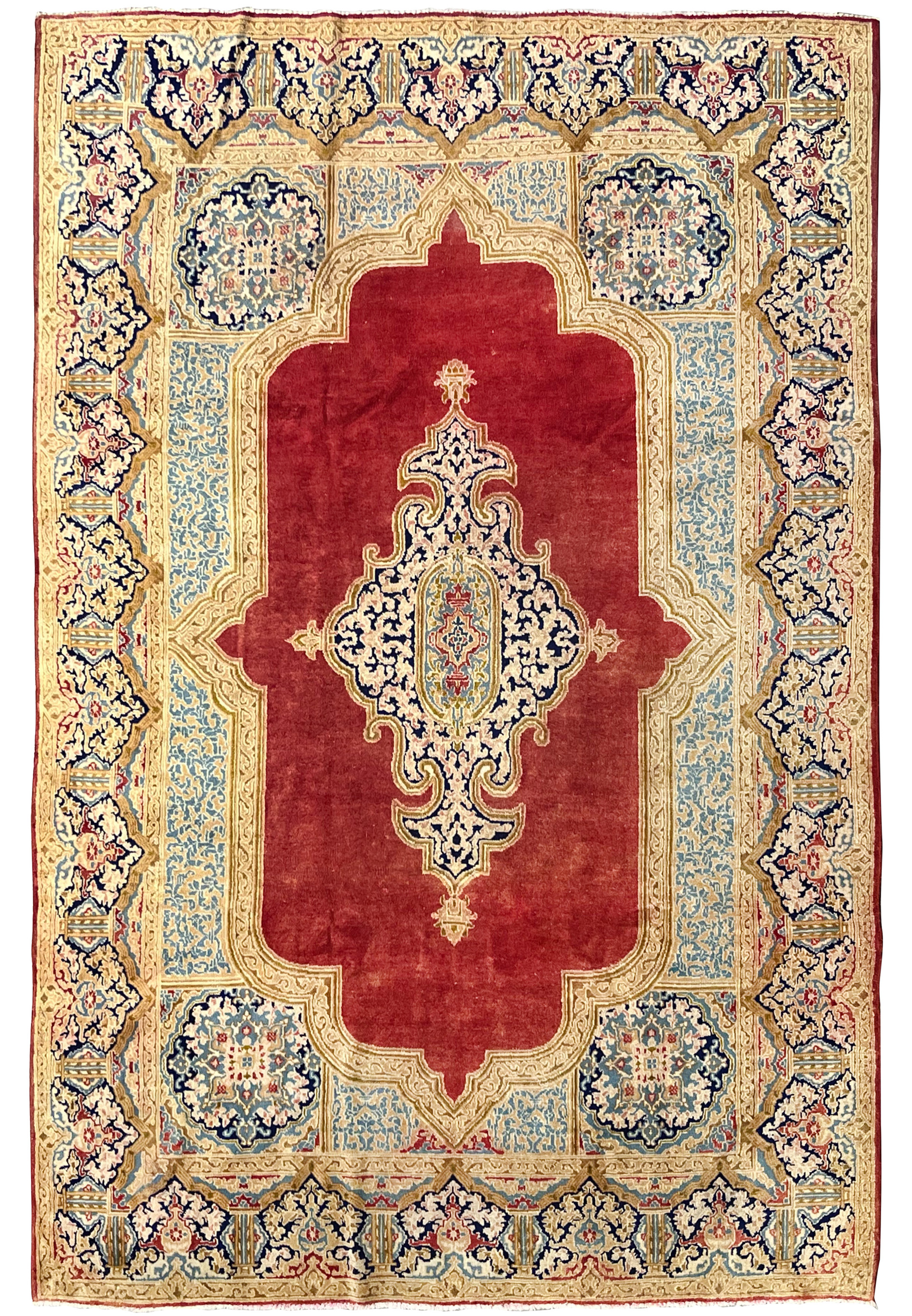 Full view antique Persian Kerman rug 7x10 brick red field large floral medallion ivory and blue borders palace size hand knotted wool