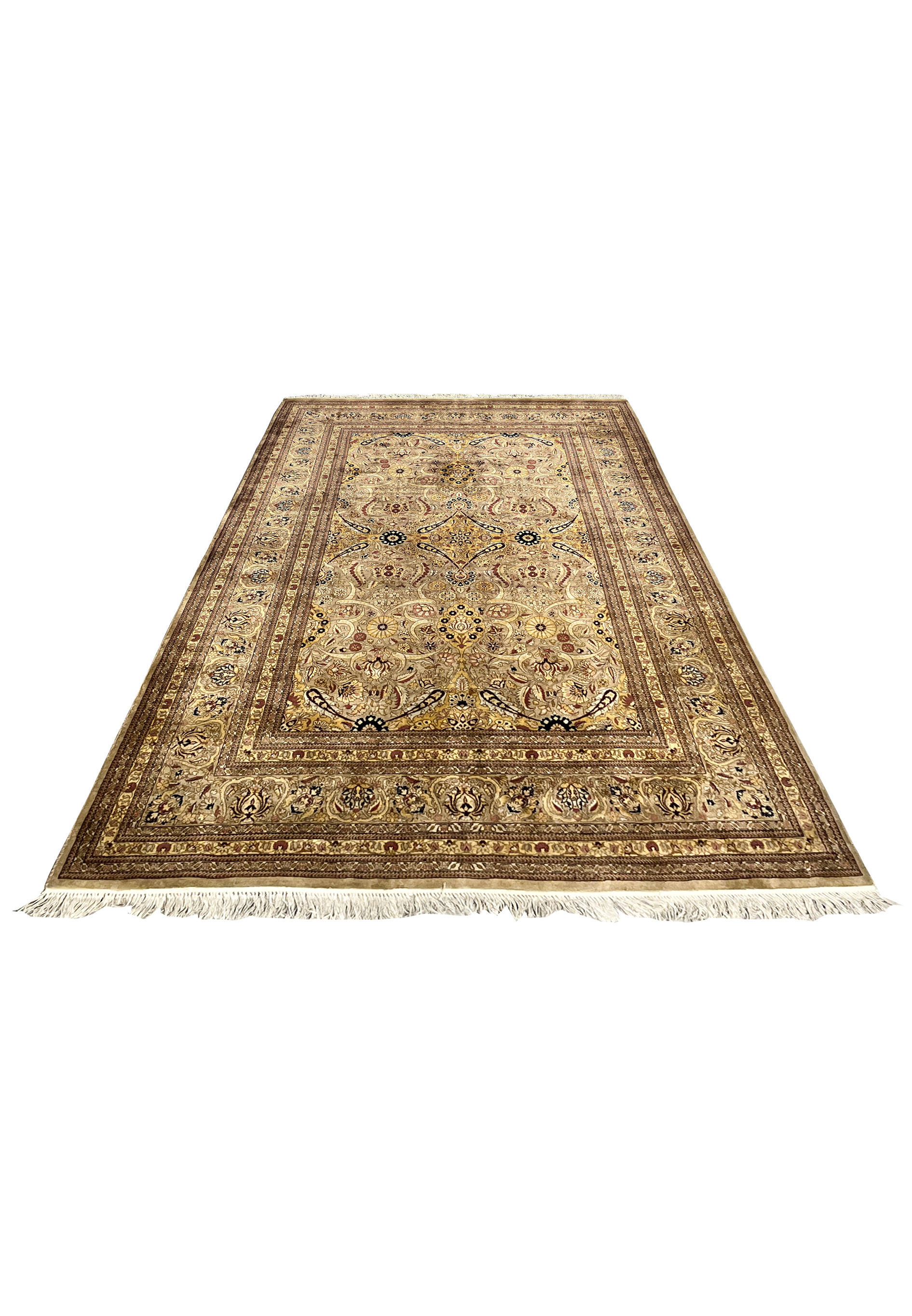 Laid down perspective of handmade distressed Agra rug highlighting full proportions, border framing, and softened antique tones